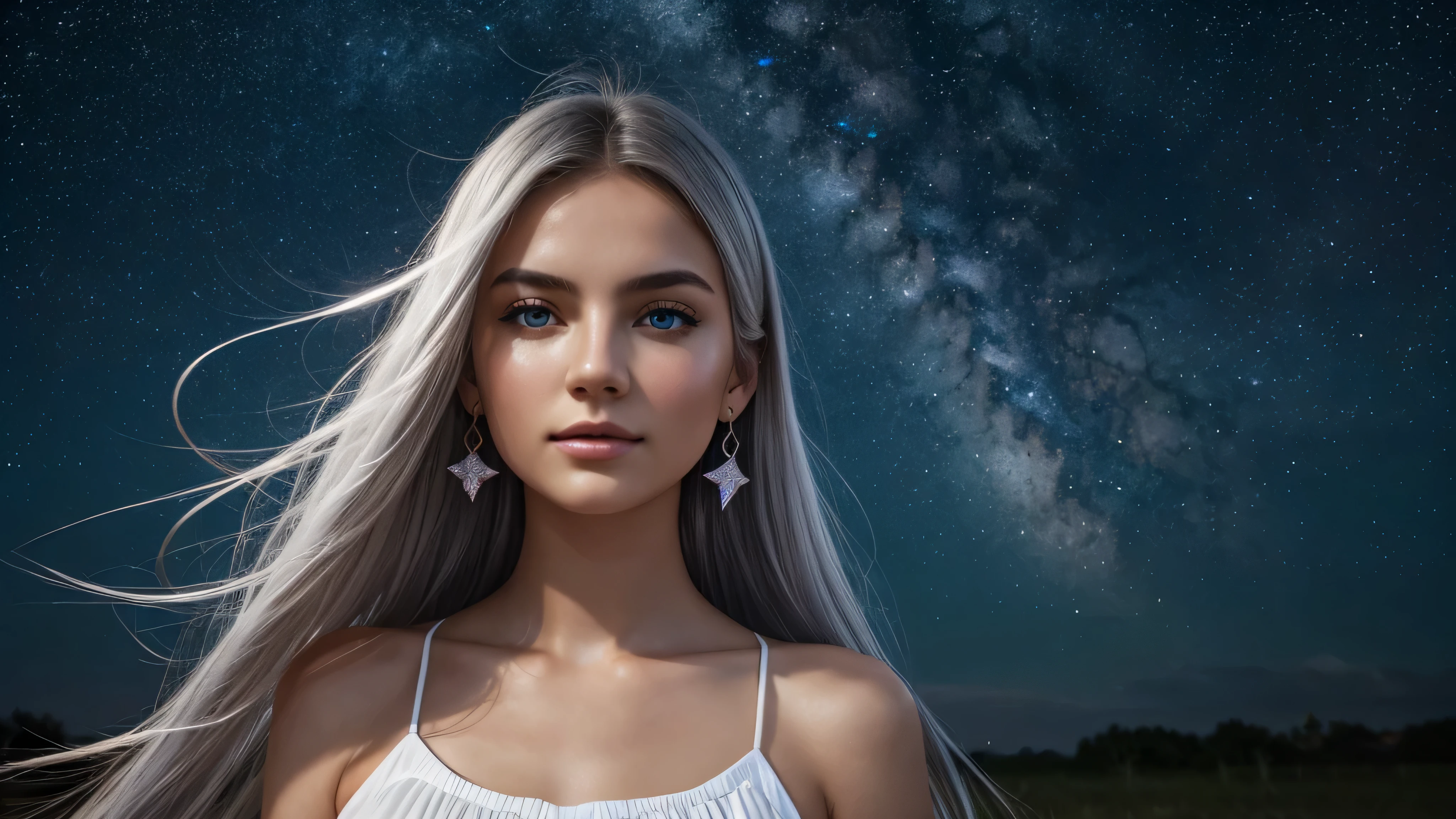 Beautiful realistic girl with BRIGHT WHITE-BLUE long hair ,Close-up of clean skin with detailed skin ,full length,in a short miniskirt,on an orange background ,Against the background of the starry sky,bright makeup,EARRINGS WITH GLITTERS,two-leaf gray flower,translucent speckled bifoliate gray,Bioluminescent - Ultra High Quality 8K Music Equalizer, High contrast, rich colors, soft light, Super detailed photos. ultra high quality 8K, High contrast, noise reduction, яркие rich colors.. high quality, 8K Ultra HD, High contrasthigh quality,soft colorsтаBeautiful realistic girl with BRIGHT WHITE-BLUE long hair ,Close-up of clean skin with detailed skin ,full length,in a short miniskirt,on an orange background ,Against the background of the starry sky,bright makeup,EARRINGS WITH GLITTERS,two-leaf gray flower,translucent speckled bifoliate gray,Bioluminescent - Ultra High Quality 8K Music Equalizer, High contrast, rich colors, soft light, Super detailed photos. ultra high quality 8K, High contrast, noise reduction, яркие rich colors.. high quality, 8K Ultra HD, High contrasthigh quality,soft colors
