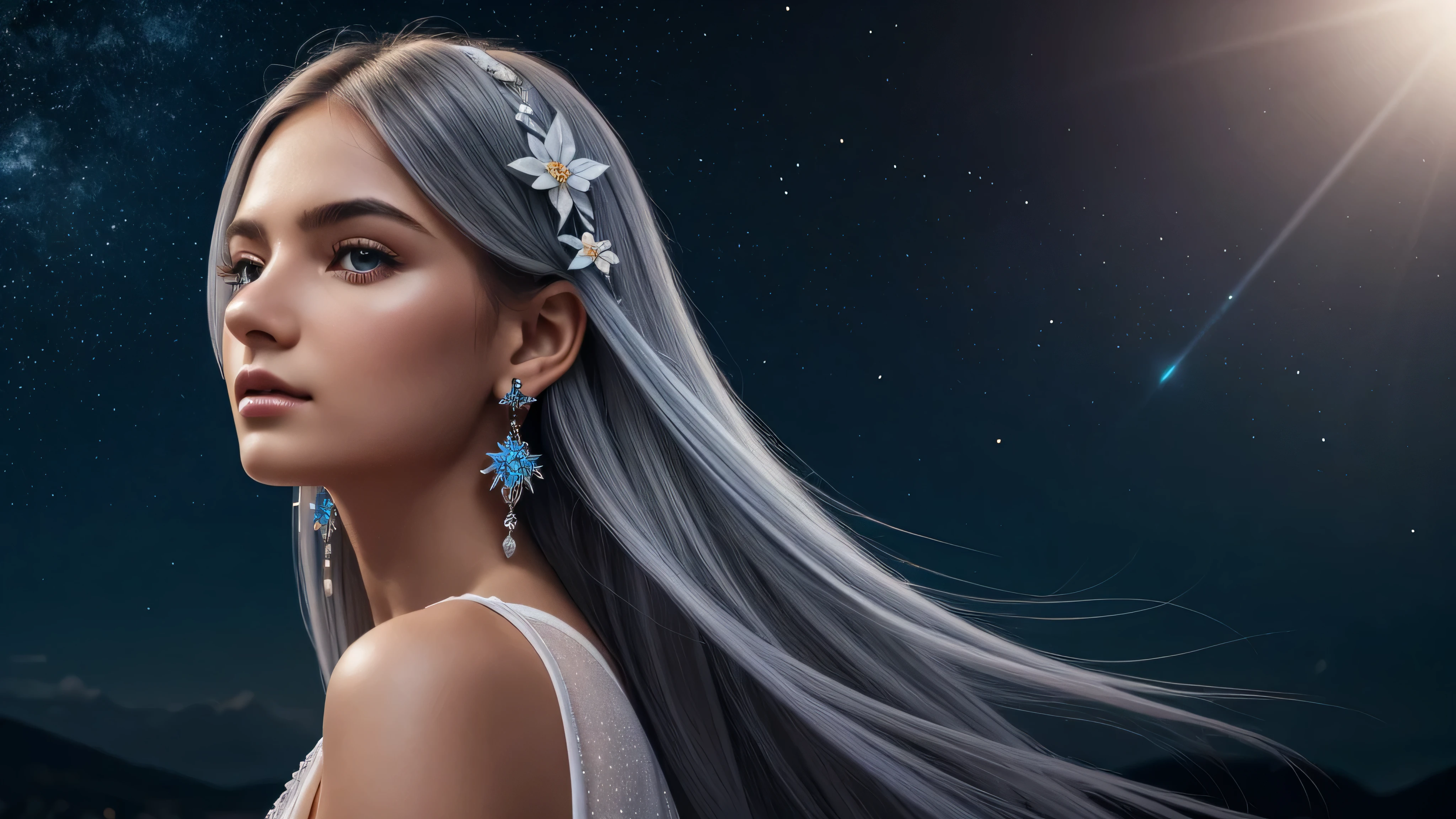 Beautiful realistic girl with BRIGHT WHITE-BLUE long hair ,Close-up of clean skin with detailed skin ,full length,in a short miniskirt,on an orange background ,Against the background of the starry sky,bright makeup,EARRINGS WITH GLITTERS,two-leaf gray flower,translucent speckled bifoliate gray,Bioluminescent - Ultra High Quality 8K Music Equalizer, High contrast, rich colors, soft light, Super detailed photos. ultra high quality 8K, High contrast, noise reduction, яркие rich colors.. high quality, 8K Ultra HD, High contrasthigh quality,soft colorsтаBeautiful realistic girl with BRIGHT WHITE-BLUE long hair ,Close-up of clean skin with detailed skin ,full length,in a short miniskirt,on an orange background ,Against the background of the starry sky,bright makeup,EARRINGS WITH GLITTERS,two-leaf gray flower,translucent speckled bifoliate gray,Bioluminescent - Ultra High Quality 8K Music Equalizer, High contrast, rich colors, soft light, Super detailed photos. ultra high quality 8K, High contrast, noise reduction, яркие rich colors.. high quality, 8K Ultra HD, High contrasthigh quality,soft colors