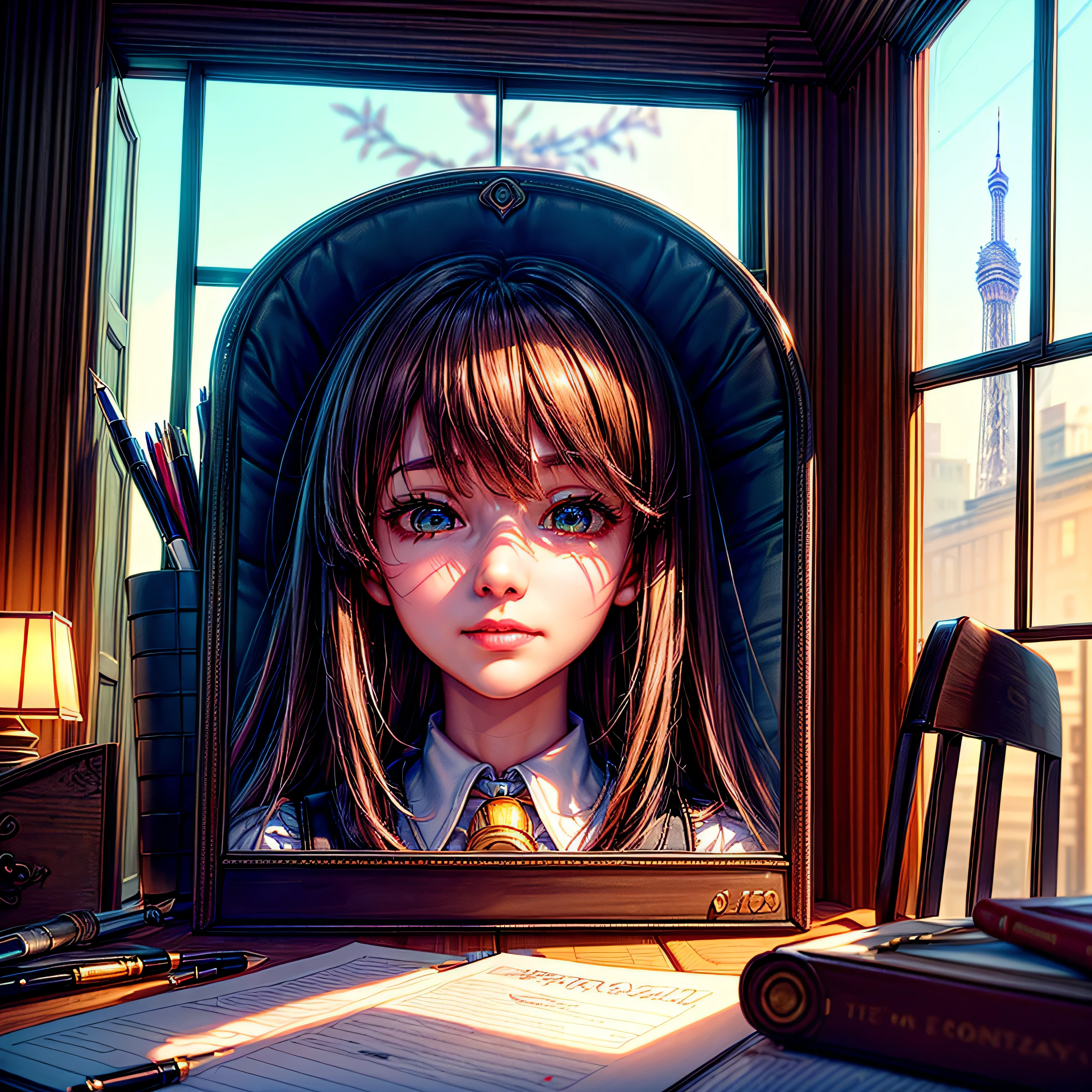 (epic Masterpiece, ultra highest quality, ulra highest resolution, ulra high-definition, distinct_image, very elaborate CG, cinematic lighting, ray tracing, drop shadows, detailed detail, (photorealistic: 1.4), ultra high quality textures, fine-grained, realistic face expression): (lone girl, face is Japan, brown short hair, small size breasts, sparkling eyes, Eye level shot, happy smile, beauty, slim body, holiday, own room, console game, computer, display, keyboard, mouse, long leather skirt, collared shirt, leather vest, handgun holder, carrying leather bag on your back, long boots, antique radio, coffee, model train, bookshelf, spacious yellowchair, Pots, fans, paintings, stuffed animals, ties, notebooks, stationery, vases, photo frames, letters, fountain pens, calendars, lamps, cushions, baskets, mirrors reflecting in profile, candles, telephone, fruit, newspapers, sweets, city Eiffel view outside the window), Pendulum clock frog varied multi etc. --v6 --s1000 --c20 --q5 --chaos100