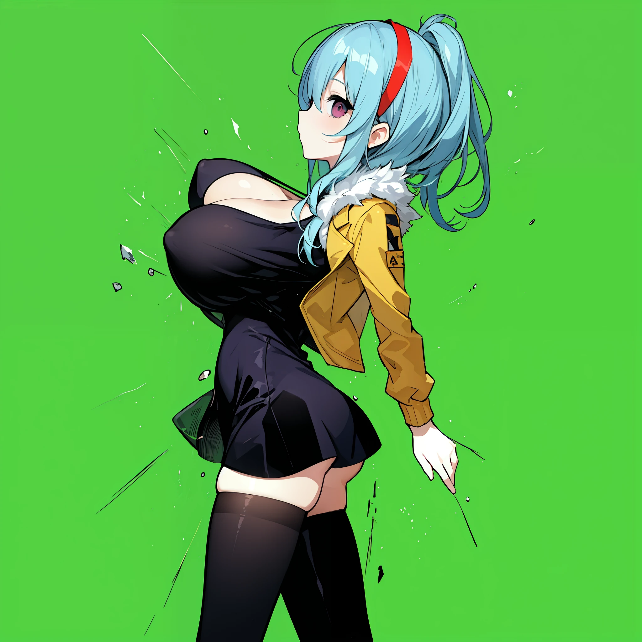 1 skinny girl, solo, light blue hair, side face, BREAK, red headband, BREAK, (dark purple eye:1.4), bending back, looking at viewer, BREAK, black plunging neckline short dress, dark yellow cropped jacket, black thighhighs, BREAK, (bouncing unaligned long huge breasts:1.5), very short torso, (inconceivably narrow waist), thin long legs, BREAK, (show off crotch:1.4), BREAK, strong wind, (slipping hip)