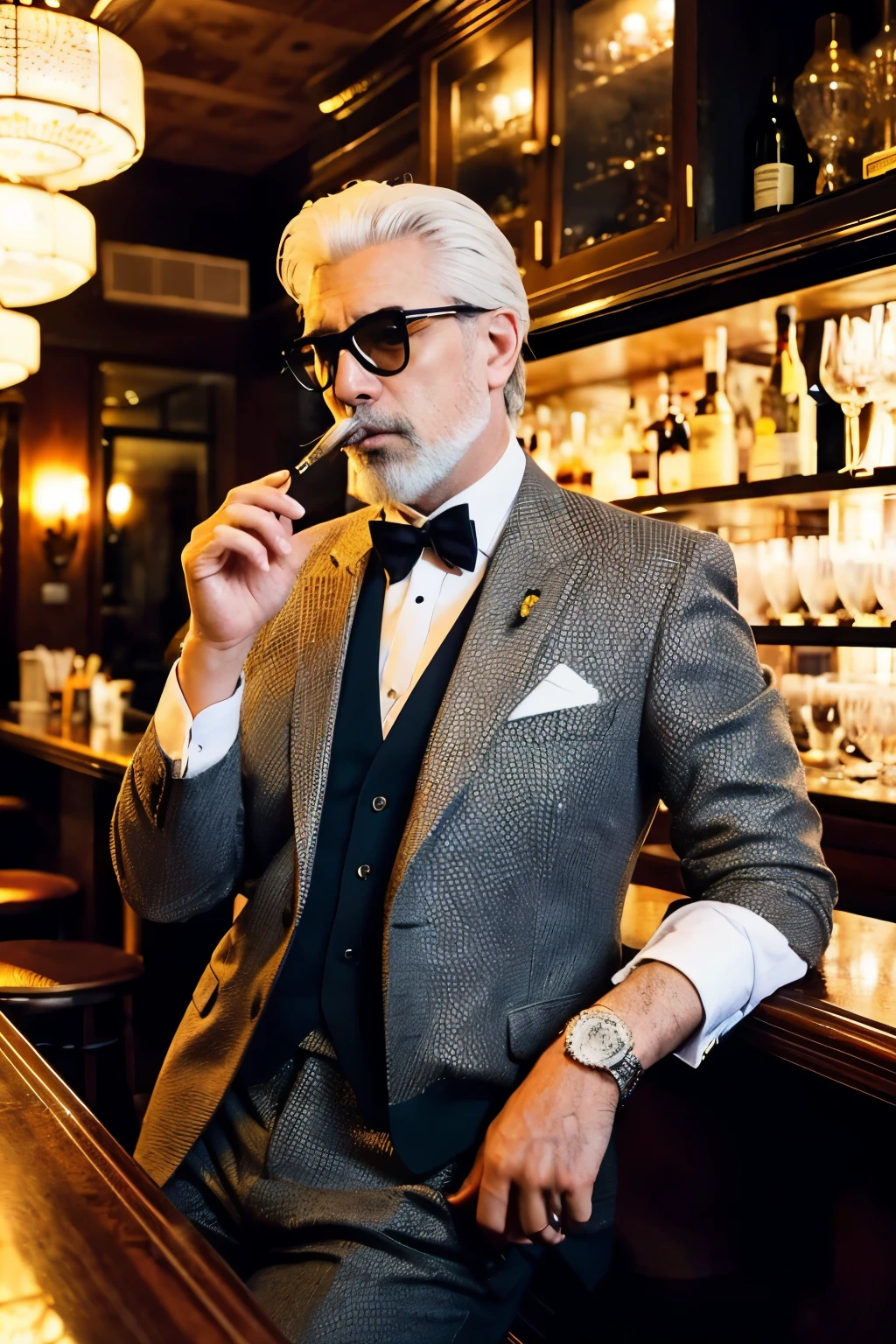 A highly detailed image of a sophisticated and dapper middle-aged bar master with a white beard and white hair, exuding elegance and coolness. He is stylishly dressed, capturing the essence of a seasoned professional who knows the intricacies of his craft. The bar master is holding a pipe in his mouth with finesse, the smoke subtly swirling around him, adding to his mystique. The background is a meticulously designed bar, with every detail from the polished wood surfaces to the classic glassware rendered with precision. The lighting is soft yet highlights the intricate details of the bar and the master's facial expressions, showcasing his experience and the stories he holds. This is a portrait of a man who is not just a bar master but a connoisseur of life, with every detail in the image crafted to convey his persona and the ambiance of a high-end, inviting bar.
