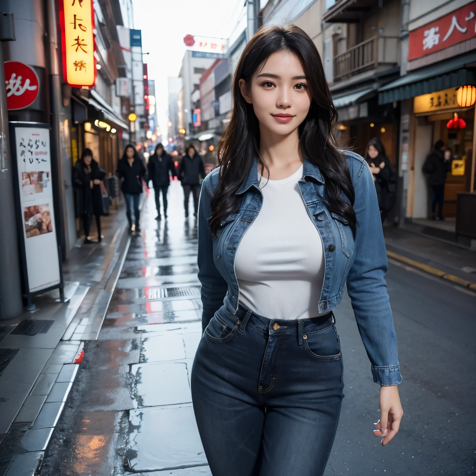 masterpiece, ultra realistic,32k,intricate details, sharp focus, realistic, closed mouth, full body, 1 girls, shiny skin, seductive smile, black eyes, lips, realistic, looking_at_viewer, wet skin, shiny skin,asakusa japan background,standing pose,longpants,long_sleeves,casual clothes,jacket,jeans.gigantic breast,Extremely Realistic