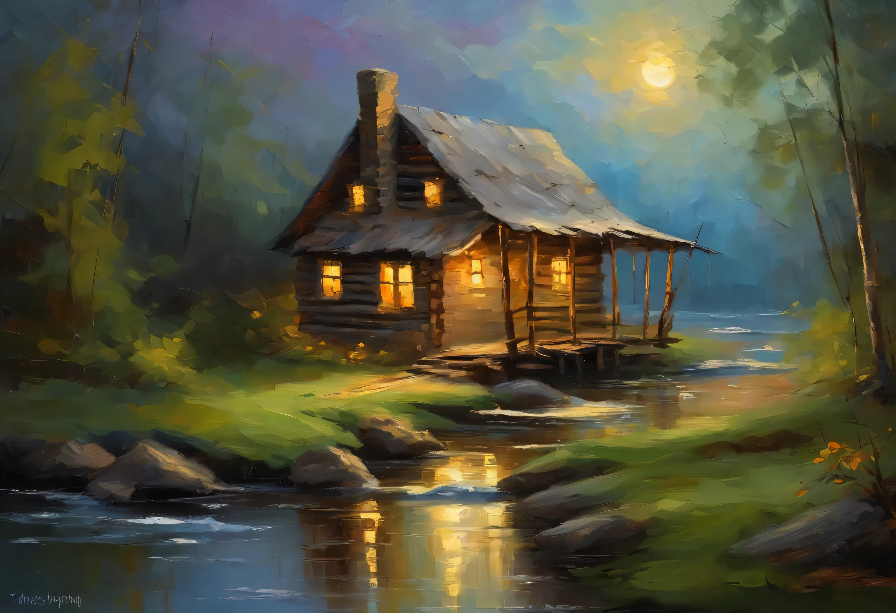 An old cabin by the stream, bamboo bridge, water in the foreground, big moon and moonlight, only gray and beige and green and blue colors, inspired by Thomas Kinkade,