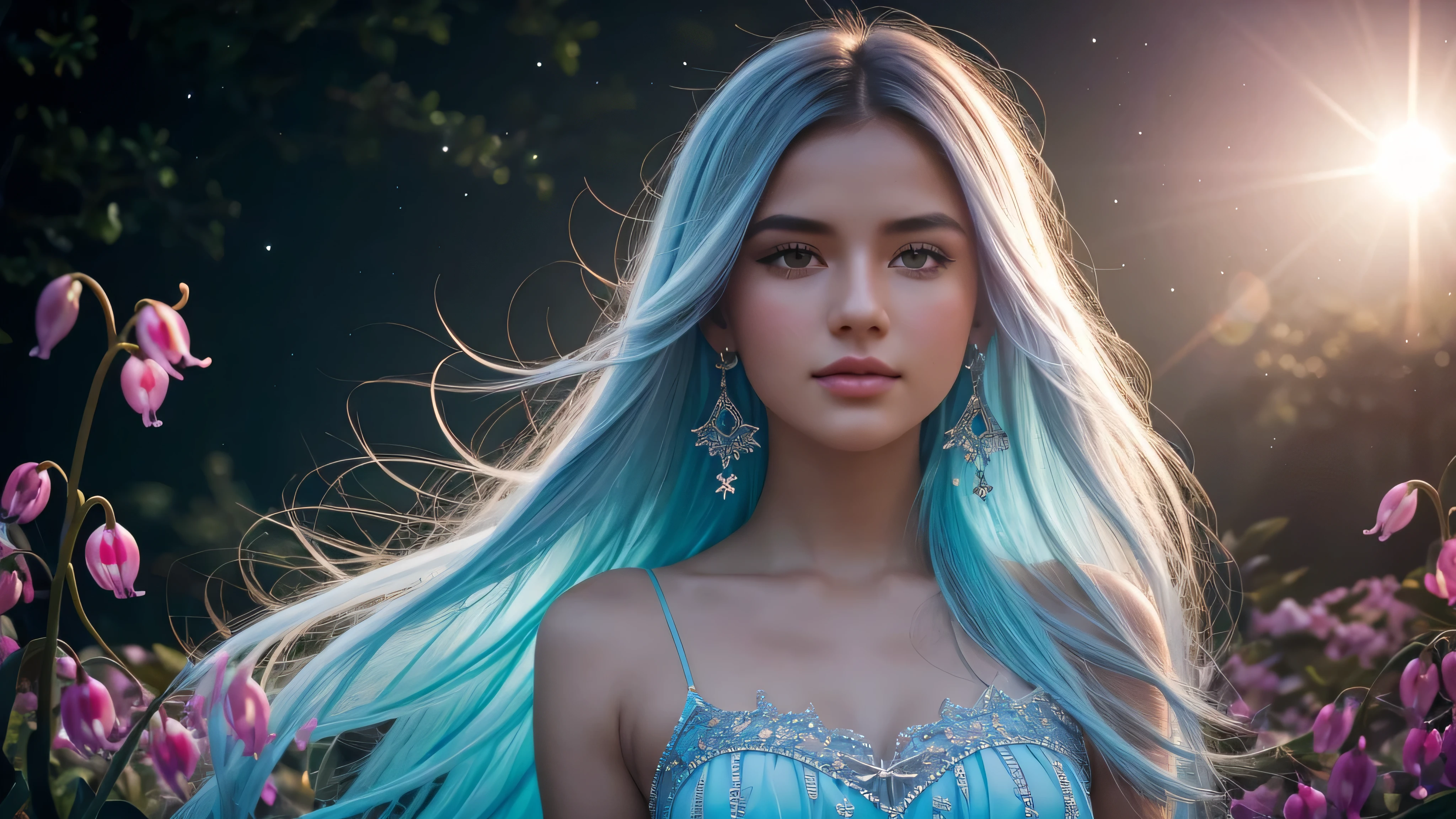 Beautiful realistic girl with BRIGHT WHITE-BLUE long hair ,Close-up of clean skin with detailed skin ,full length,in a short miniskirt,on an orange background ,Against the background of the starry sky,bright makeup,EARRINGS WITH GLITTERS,two-leaf gray flower,translucent speckled bifoliate gray,Bioluminescent - Ultra High Quality 8K Music Equalizer, High contrast, rich colors, soft light, Super detailed photos. ultra high quality 8K, High contrast, noise reduction, яркие rich colors.. high quality, 8K Ultra HD, High contrasthigh quality,мягкие close focus,very beautiful flower, translucent red lily of the valley with dew drop flower, bioluminescent flower glows and shimmers, he grows in a mysterious forest, shrouded in mystery, Сверхhigh quality 8k, High contrast, rich colors, soft light, Ultra-detailed photos. Сверхhigh quality 8k, High contrast, noise reduction, bright rich colors.. high quality, 8K Ultra HD, High contrast