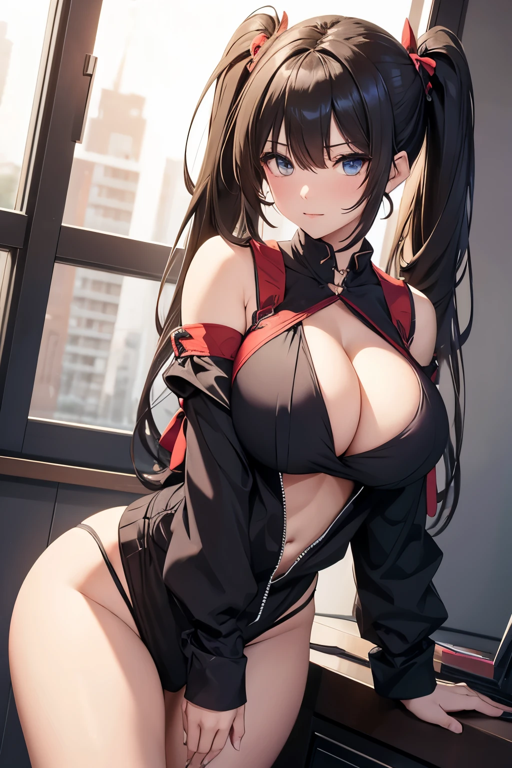 Beautiful girl, twintails, sharp eyes, big breasts, cleavage, sexy,