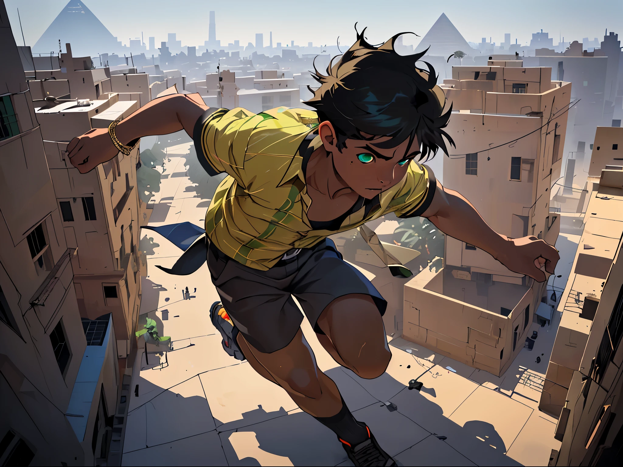 a 10 year old boy running away from someone through the streets of modern cairo , camisa amrilla desabotonada abierta ojos verdes brillantes