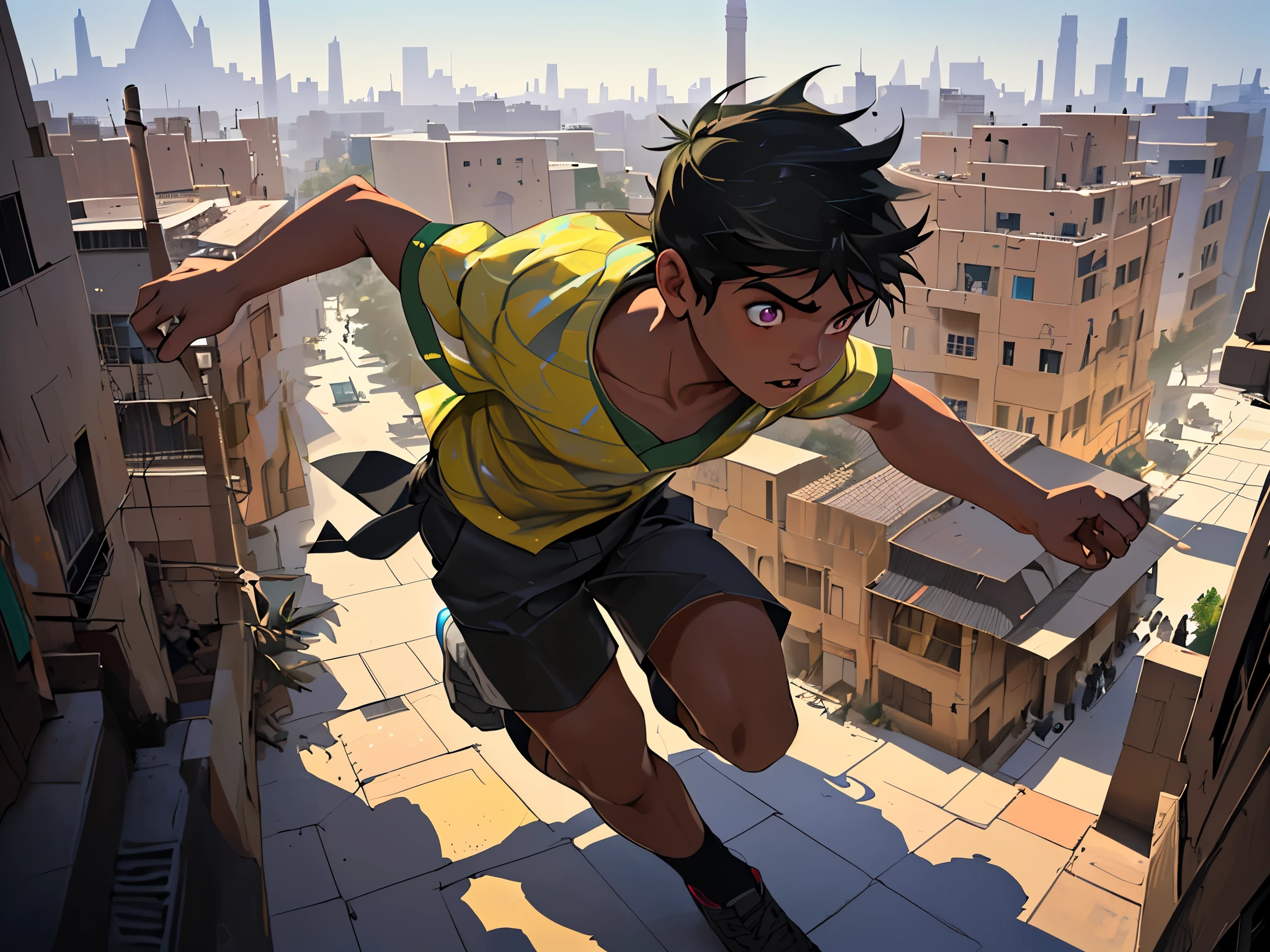 a 10 year old boy running away from someone through the streets of modern cairo , camisa amrilla desabotonada abierta ojos verdes brillantes