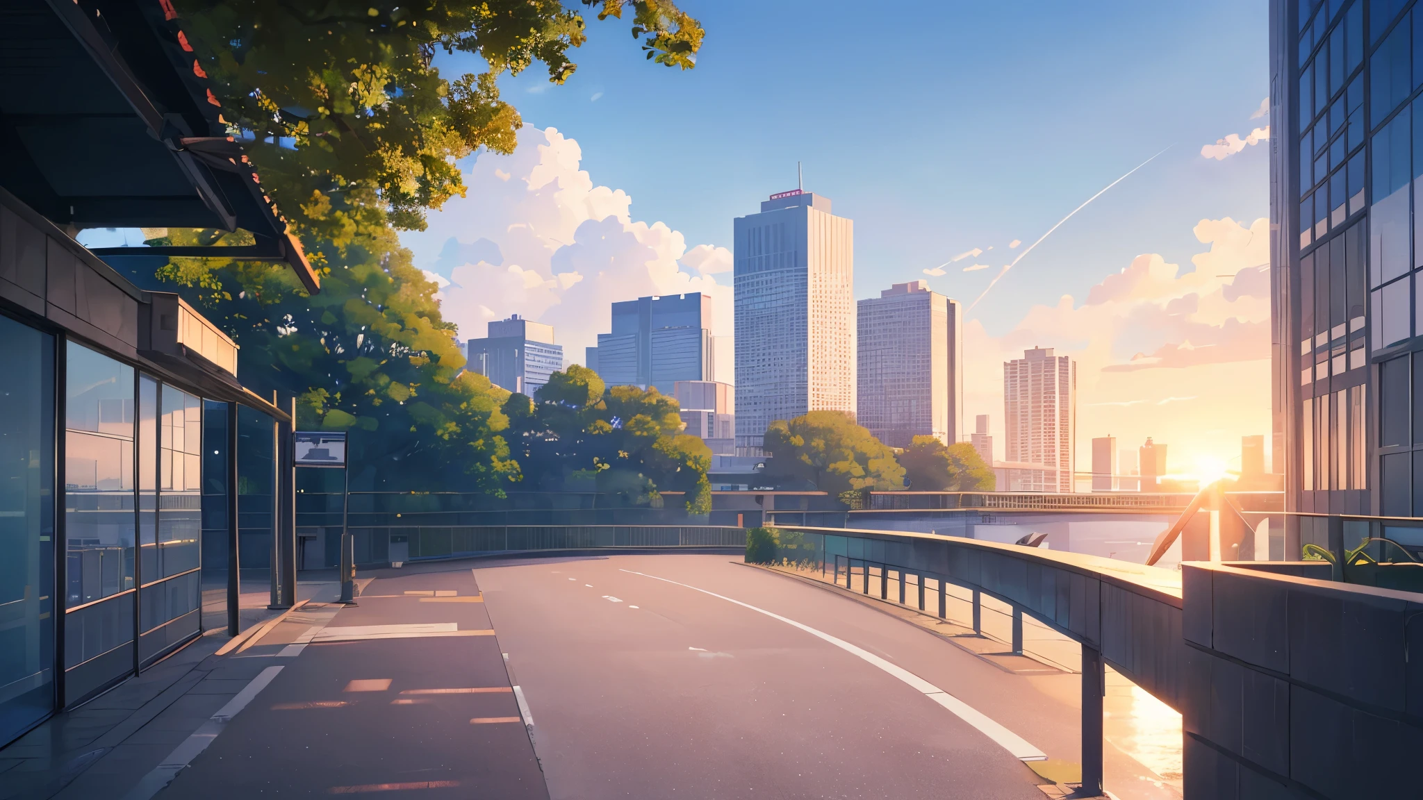 landscape, summer, sun, Tokyo, building, uninhabited, nobody, hot weather, blue sky, HD detail, ultra detail, film, hyperrealism, soft light, deep focus bokeh, ray tracing, gwise on pixiv art station, Makoto Shinkai, art germ