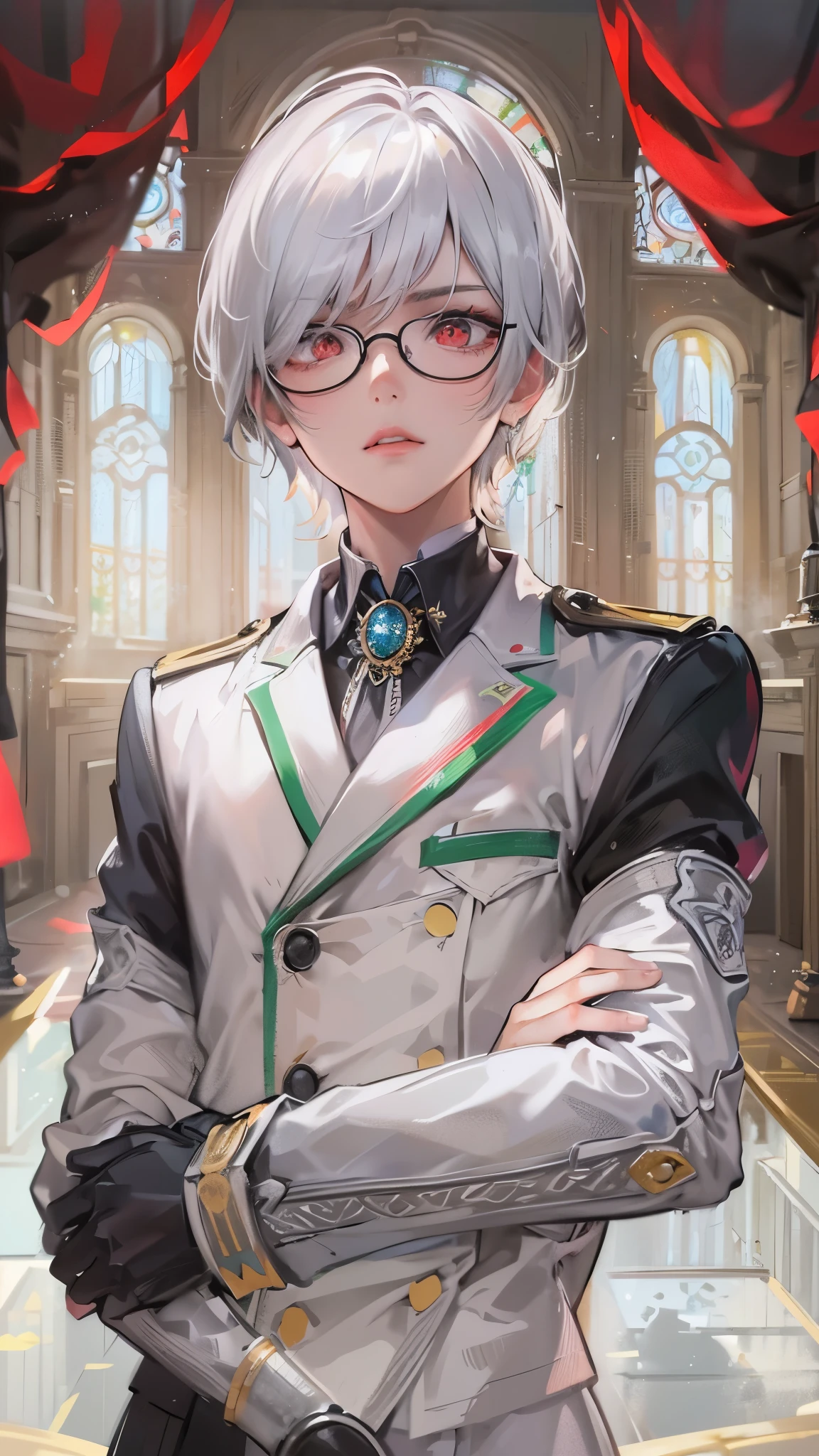 (arms crossed) teaching, ((close-up face)) (solo silver short hair divine boy, 15 yo, Stinking:1.2 eyes red eyes, serious face, glasses), in a butler uniform, standing from door, in the enchanted room, (;3):1.3, break, perfect anatomy, masterpiece:1.2, best quality, 8k, beautiful detailed grow, daydreaming expression.