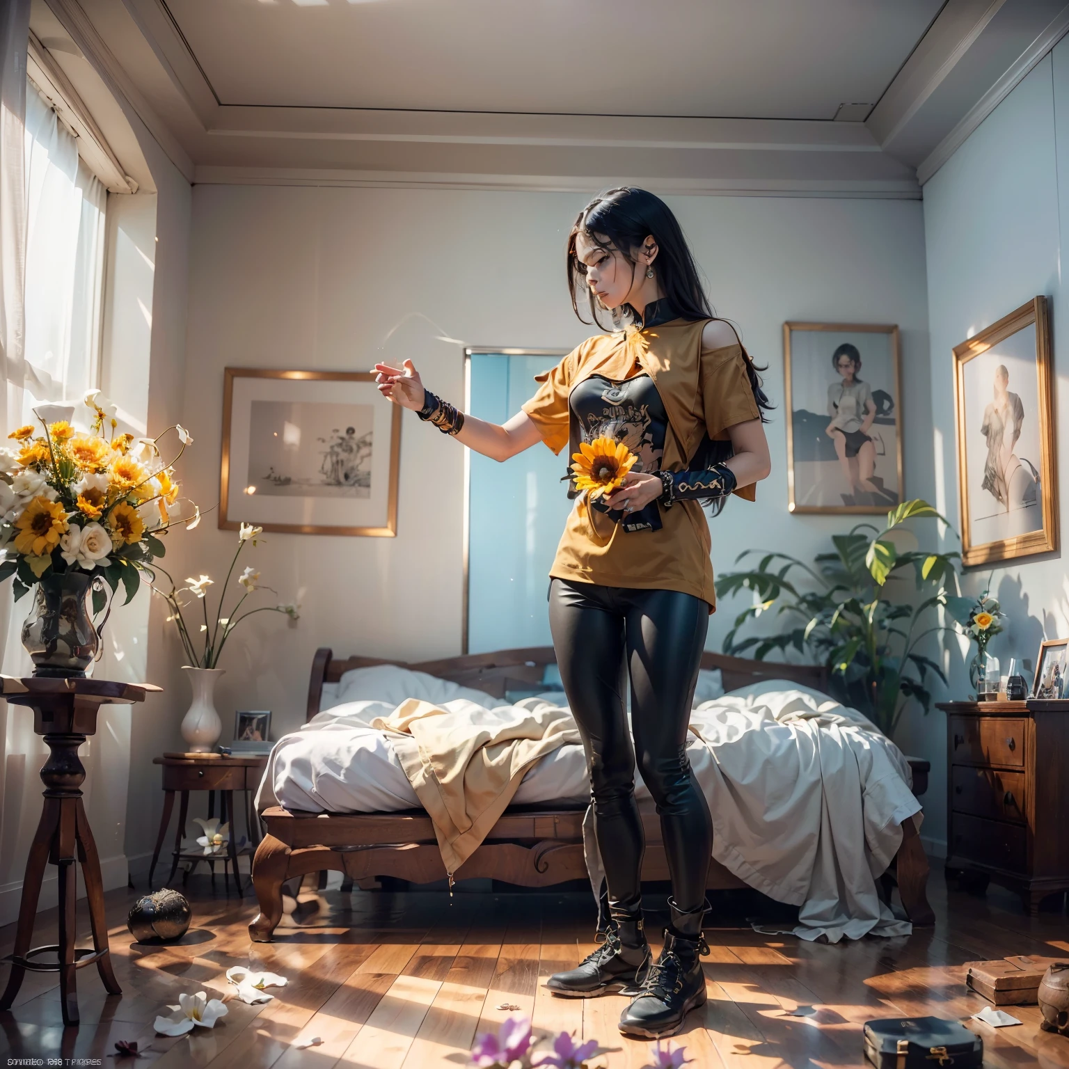((Masterpiece, Best quality:1.3), (ultra detail:1.3), 1 guy, Alone, (dark hair, shoulder-length, long hair), (on a strong body, dark stylish T-shirt, strong arms, bracelets, and tattoo, wearing tight dark pants), (rock star)). ((Calm look, relaxed pose, holds a lily flower in his hand.) (Stands at full height). (Modern interior, art deco, studio room, many flowers - lilieodern style, high ceilings)) . Best quality, (SURREALISM: 1.3)). (real flowers decorate the interior in simple glass vases on the floor), (the flowers are stunning looking). ((masterpiece: 1.2), (realism: 1.2), (Best quality), (special attention to details of the face, figure, colors, room elements: 1.3)). (Open window, exquisite design, mostly in light colors: white, blue, yellow, gold). (High light ceiling).((Realistic 3D visualization, super detail, ray tracing, flooded sunlight, contrasting shadows - cool tones, warm soft light)). Modern style (modern), (High-Tech), (surrealism: 1.3), Excellent, high quality. Hand-drawn realism.