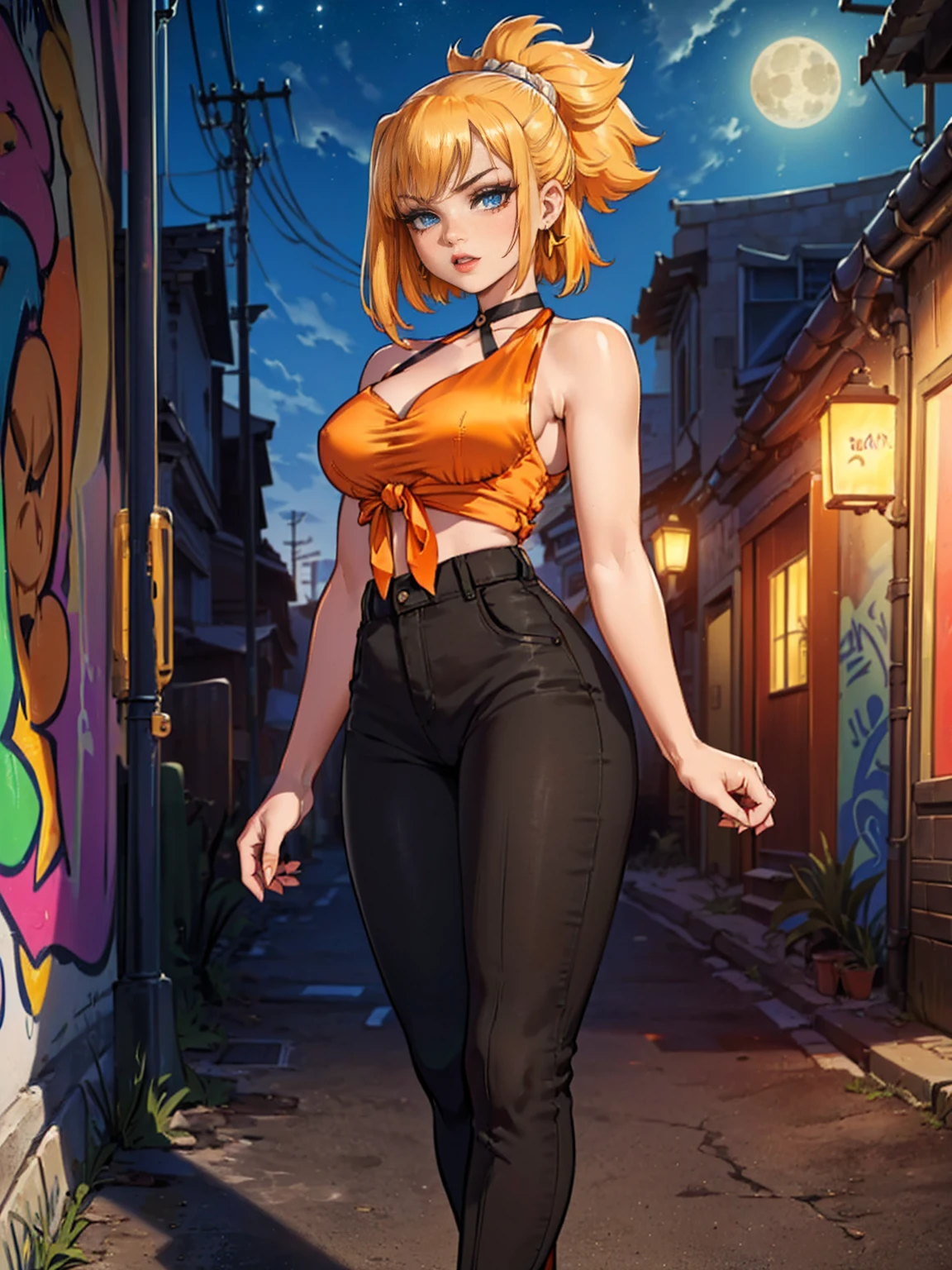 (((Solo, 1girl, alone, kohaku, blonde hair, blue eyes, tied hair), pink lipstick, Extremely detailed, ambient soft lighting, 4k, perfect eyes, a perfect face, perfect lighting, a 1girl)), austere, ((strapless blouse, high heels, stiletto heels, (orange blouse), malicious, jade earrings, gold jewelry, orange bouse, black pantalona tailoring pants, (orange satin halter blouse), (sleeveless blouse))), night sky, clouds, , lots of , (graffiti alley, graffiti walls, in an alley, night, moonlight, starry night)