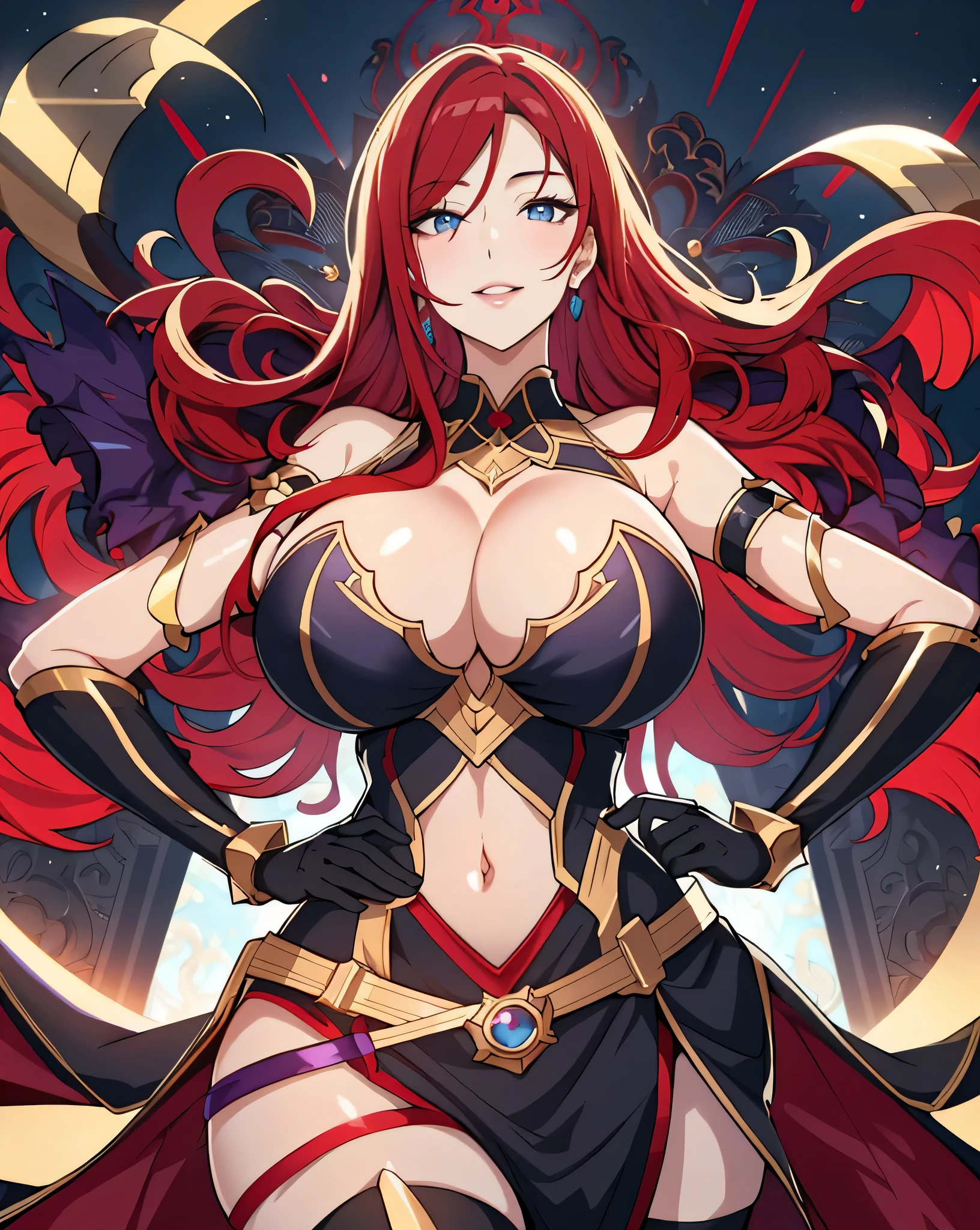 Lian, red hair, hair stick, bangs, blue eyes, solo, smiling, standing, upper body, hips, bare shoulders,purple thighhighs, black dress, gold jewelry,armor,gloves,circlet, cleavage, red and gold royal castle, gigantic breasts, (best quality, masterpiece, beautiful and aesthetic:1.2, highest detailed face, perfect face,) eyes, perfect face,expressive eyes,
looking at viewer, in the center of the image,(Upper_body),(Focus on her face),
official art,extremely detailed CG unity 8k wallpaper, perfect lighting,Colorful, Bright_Front_face_Lighting,shiny skin,
(masterpiece:1.0),(best_quality:1.0), ultra high res,4K,ultra-detailed