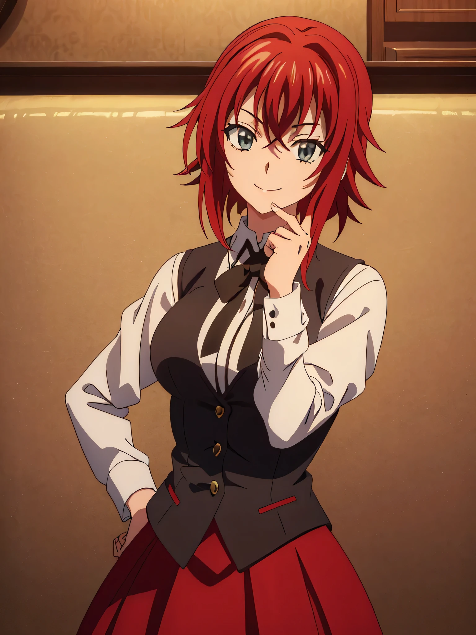 (((picture perfect))), (absurdres), 1girl, solo, rias gremory, school uniform, red skirt, looking at viewer, smile, (((upper body))), short hair,