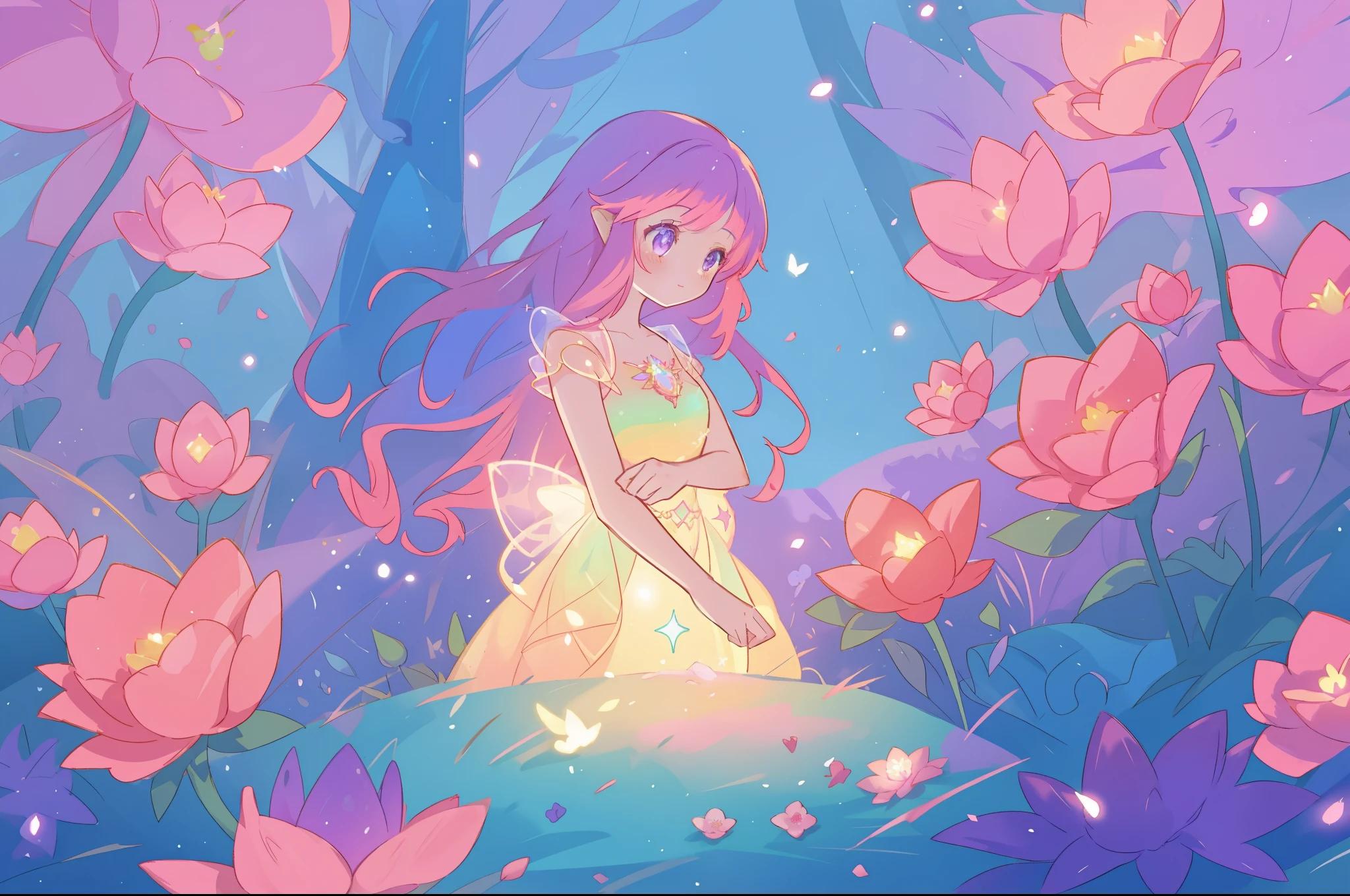 beautiful girl in glowing layered fantasy dress, fairy girl, sparkling glowing lights, long glowing purple pink hair, otherworldly flowers and colorful plants, inspired by Glen Keane, inspired by Lois van Baarle, fantasia otherworldly landscape, fantasia background, beautiful, masterpiece, best quality