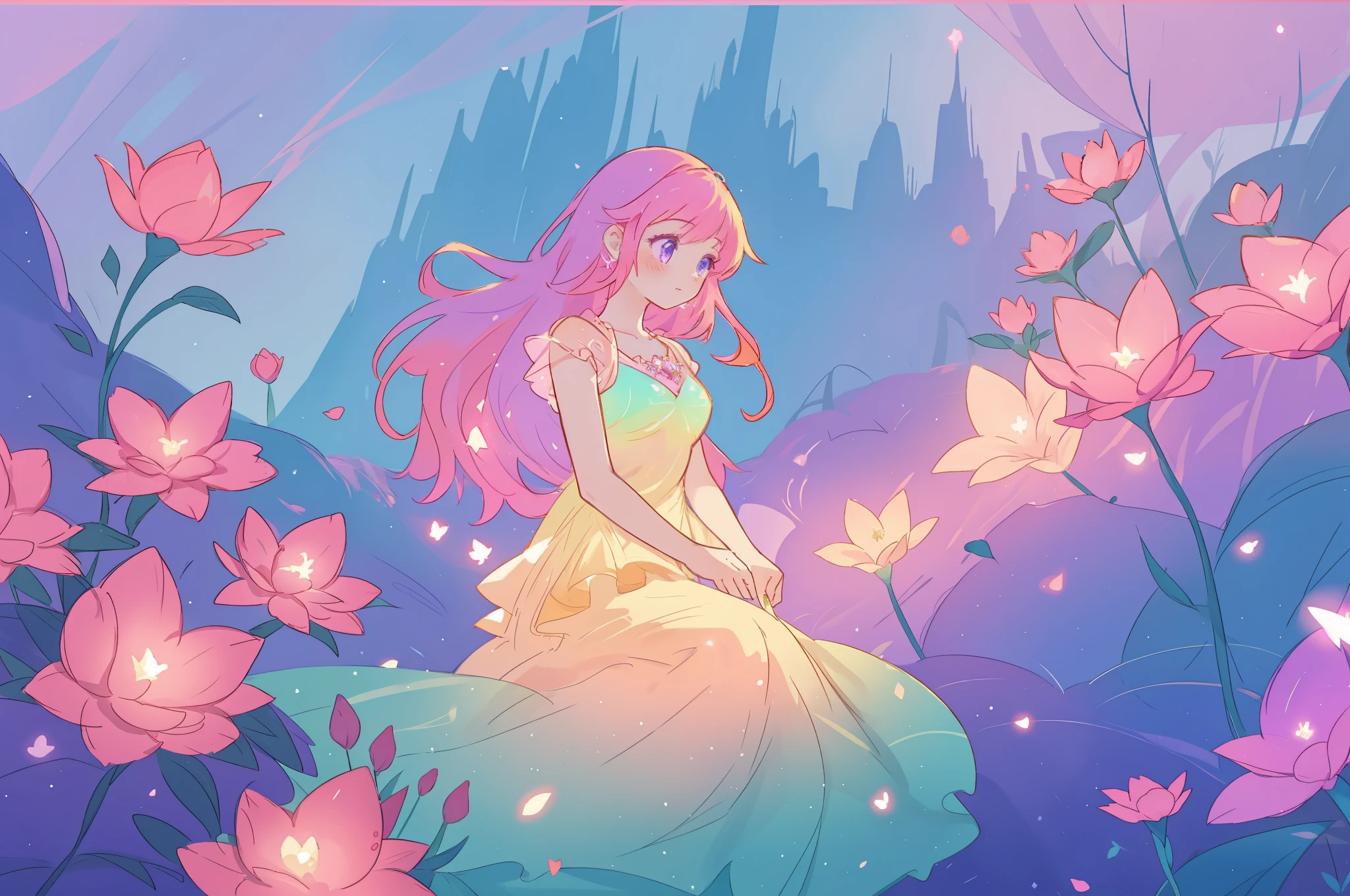 beautiful girl in glowing layered fantasy dress, fairy girl, sparkling glowing lights, long glowing purple pink hair, otherworldly flowers and colorful plants, inspired by Glen Keane, inspired by Lois van Baarle, fantasia otherworldly landscape, fantasia background, beautiful, masterpiece, best quality