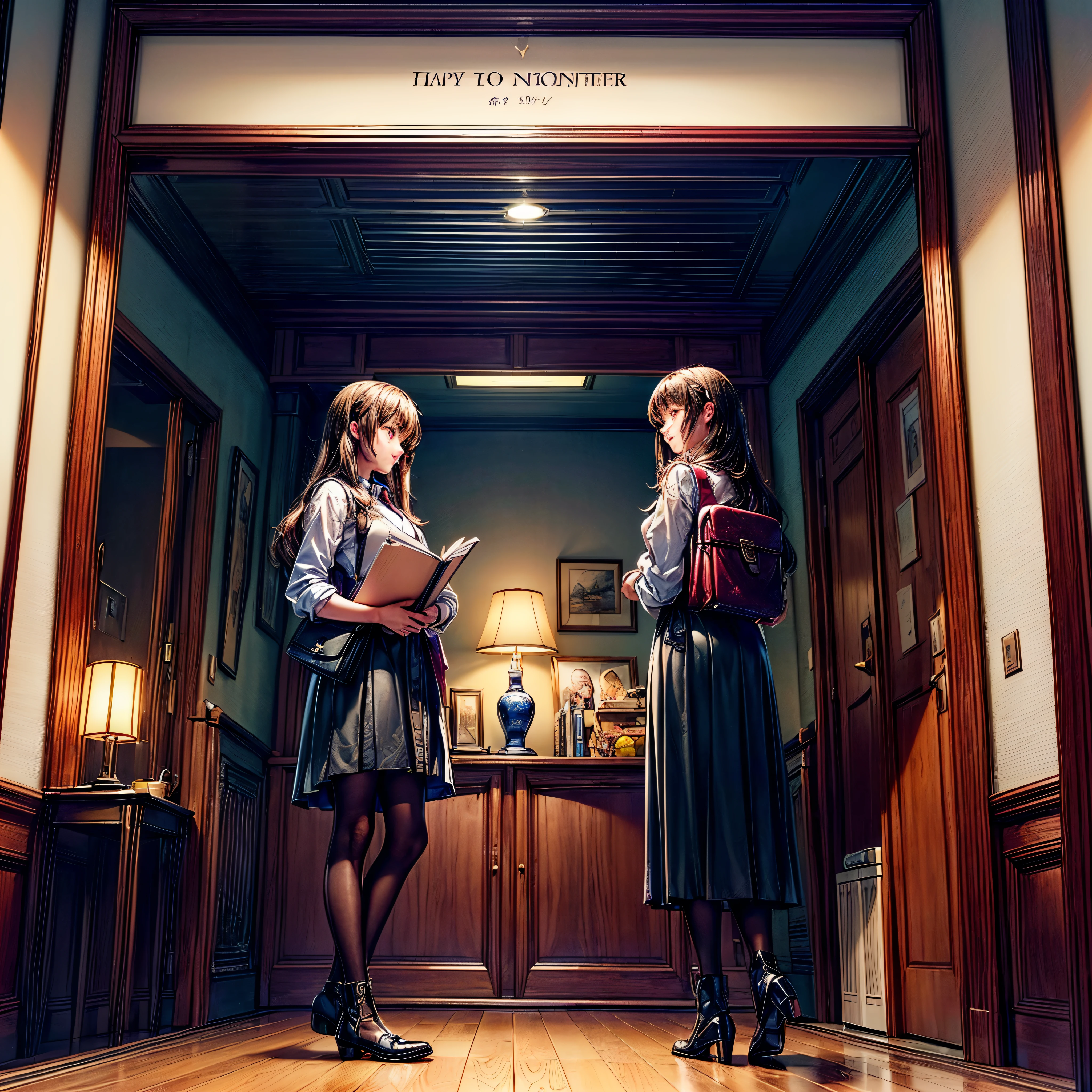 (epic Masterpiece, ultra highest quality, ulra highest resolution, ulra high-definition, distinct_image, very elaborate CG, cinematic lighting, ray tracing, drop shadows, detailed detail, (photorealistic: 1.4), ultra high quality textures, fine-grained, realistic face expression): (lone girl, face is Japan, brown short hair, small size breasts, sparkling eyes, Eye level shot, happy smile, beauty, slim body, holiday, own room, console game, computer, display, keyboard, mouse, long leather skirt, collared shirt, leather vest, handgun holder, carrying leather bag on your back, long boots, antique radio, coffee, model train, bookshelf, spacious yellowchair, Pots, fans, paintings, stuffed animals, ties, notebooks, stationery, vases, photo frames, letters, fountain pens, calendars, lamps, cushions, baskets, mirrors reflecting in profile, candles, telephone, fruit, newspapers, sweets, city Eiffel view outside the window), Pendulum clock frog varied multi etc. --v6 --s1000 --c20 --q5 --chaos100