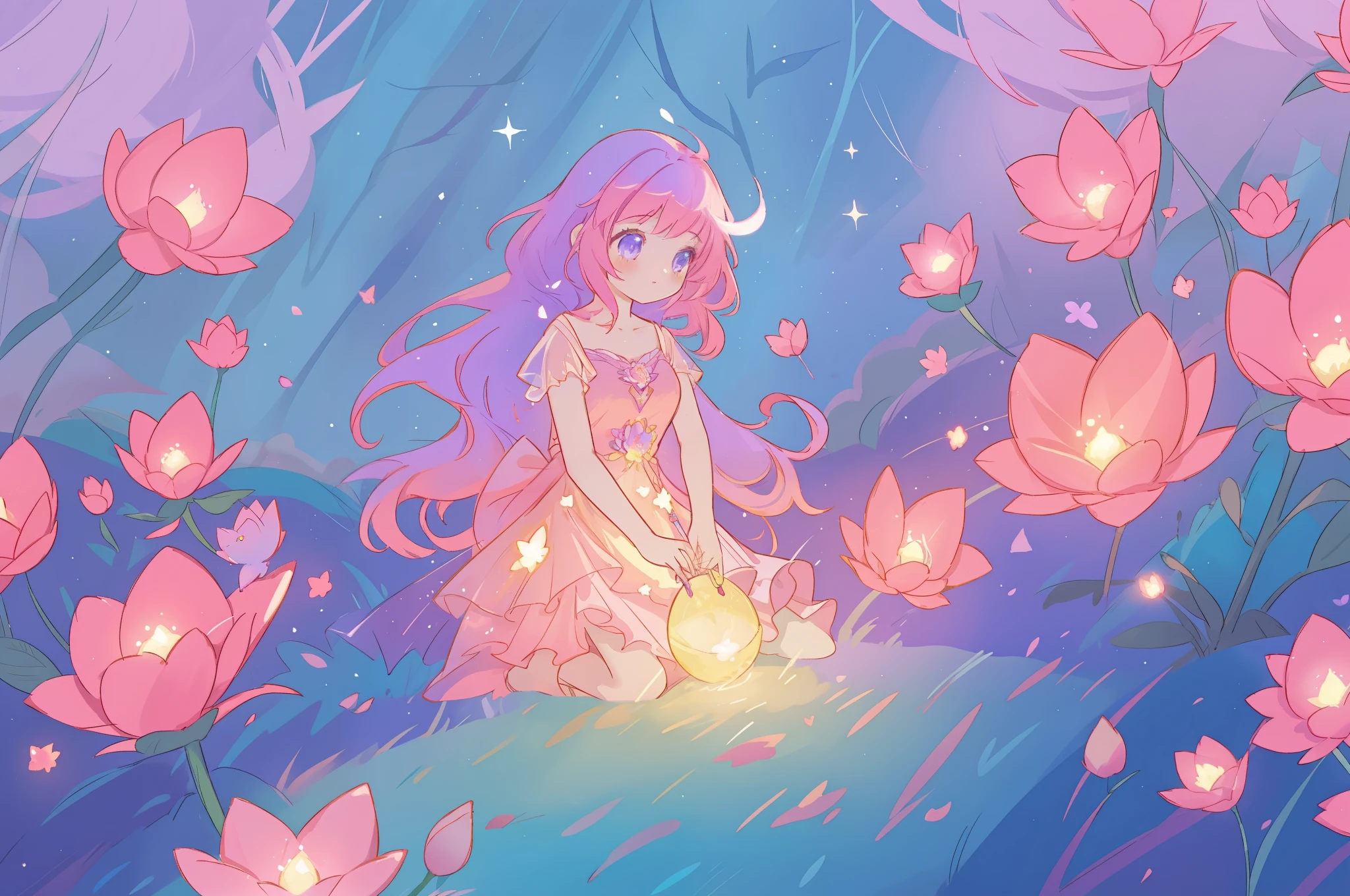 beautiful girl in glowing layered fantasy dress, fairy girl, sparkling glowing lights, long glowing purple pink hair, otherworldly flowers and colorful plants, inspired by Glen Keane, inspired by Lois van Baarle, fantasia otherworldly landscape, fantasia background, beautiful, masterpiece, best quality