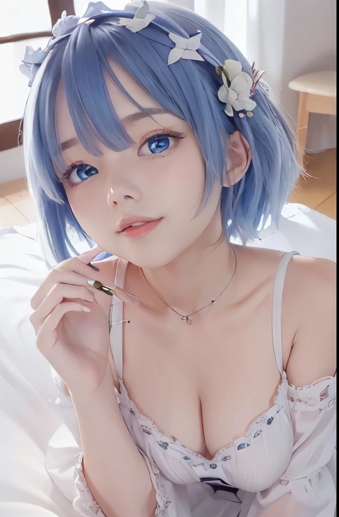 ((masterpiece)), ((best quality)), (ultra-detailed), a cute girl, 1girl, solo, , ((beautiful eyes)), smile,on the bed, beautiful blue hair