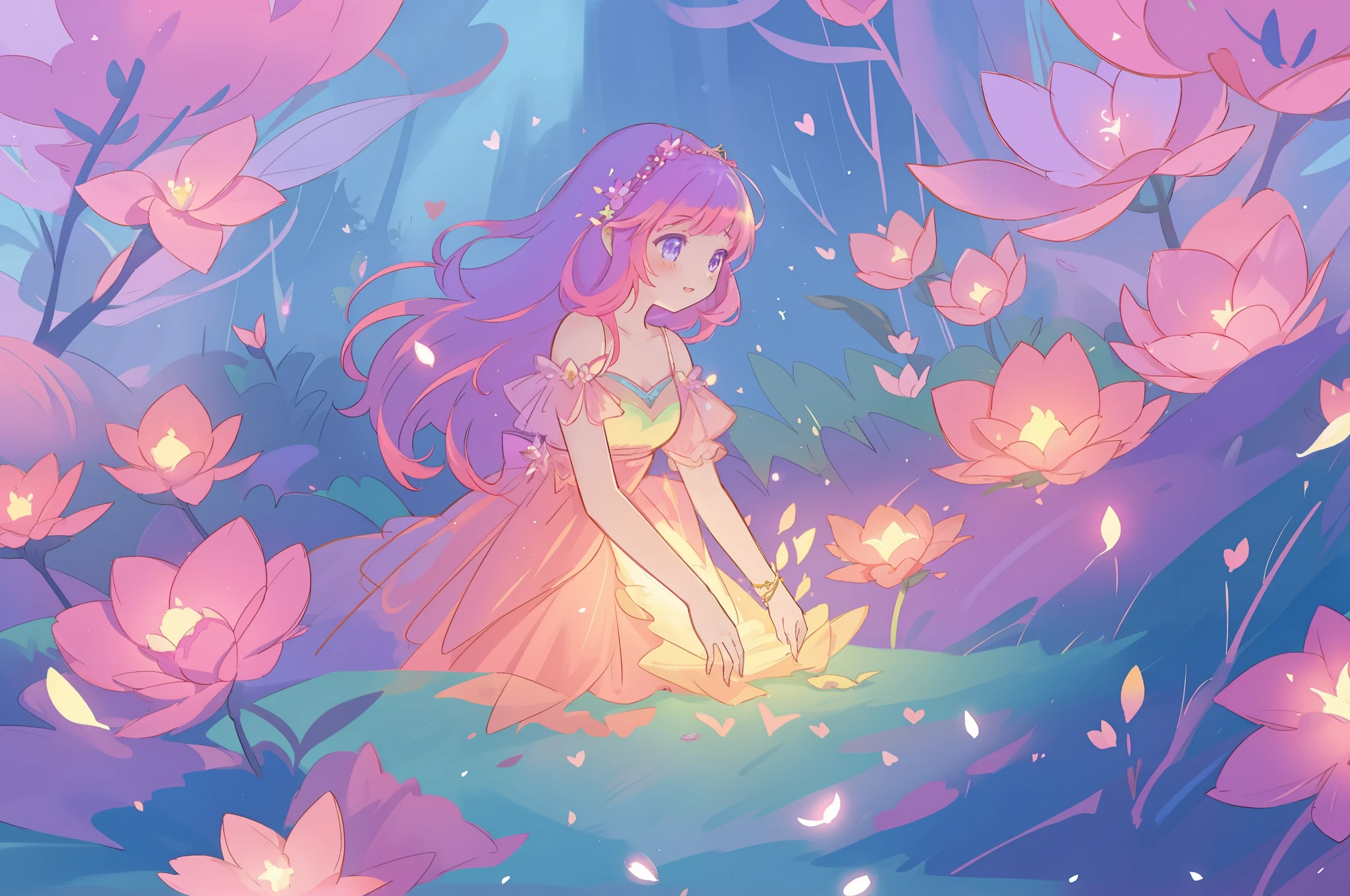 beautiful girl in glowing layered fantasy dress, fairy girl, sparkling glowing lights, long glowing purple pink hair, otherworldly flowers and colorful plants, inspired by Glen Keane, inspired by Lois van Baarle, fantasia otherworldly landscape, fantasia background, beautiful, masterpiece, best quality