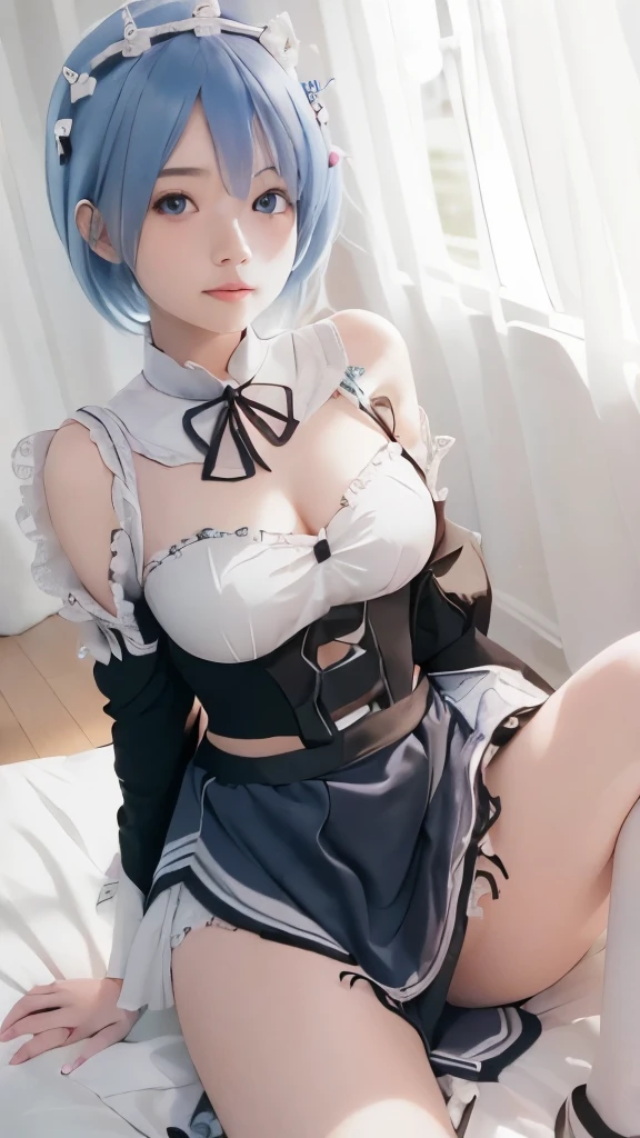 (Realistic, photoRealistic), ayanami, One Girl, Blue Short Hair, White hair ornament, (((White underwear,Sexy pose,On the bed)))), Sit on the ground, (Cowboy Shot),(Tabletop, high quality, 最high quality), (colorful),(Delicate eyes and face), Volumetric Light, Ray Tracing, Highly detailed CG Unity 8k wallpaper,alone((Flying petals)),indoor, ((Neon Trim)),frontage,(Spread your legs)