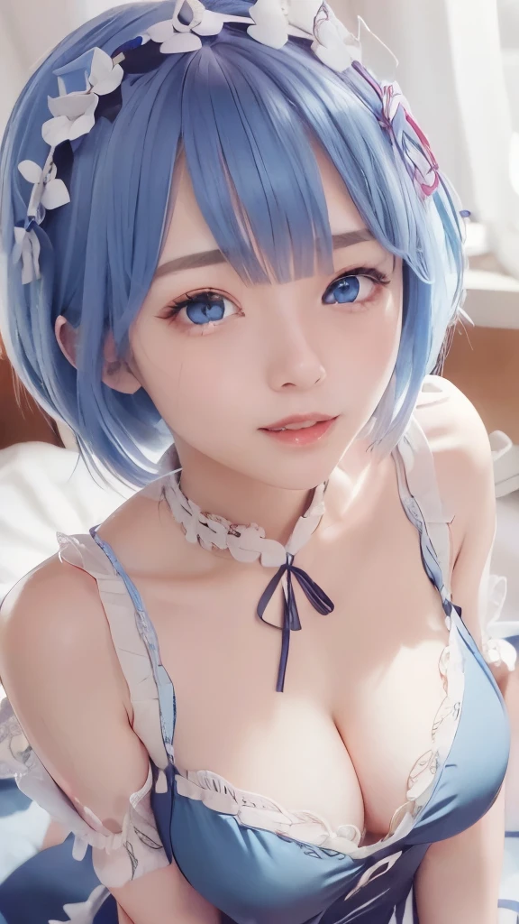 ((masterpiece)), ((best quality)), (ultra-detailed), a cute girl, 1girl, solo, , ((beautiful eyes)), smile,on the bed, beautiful blue hair