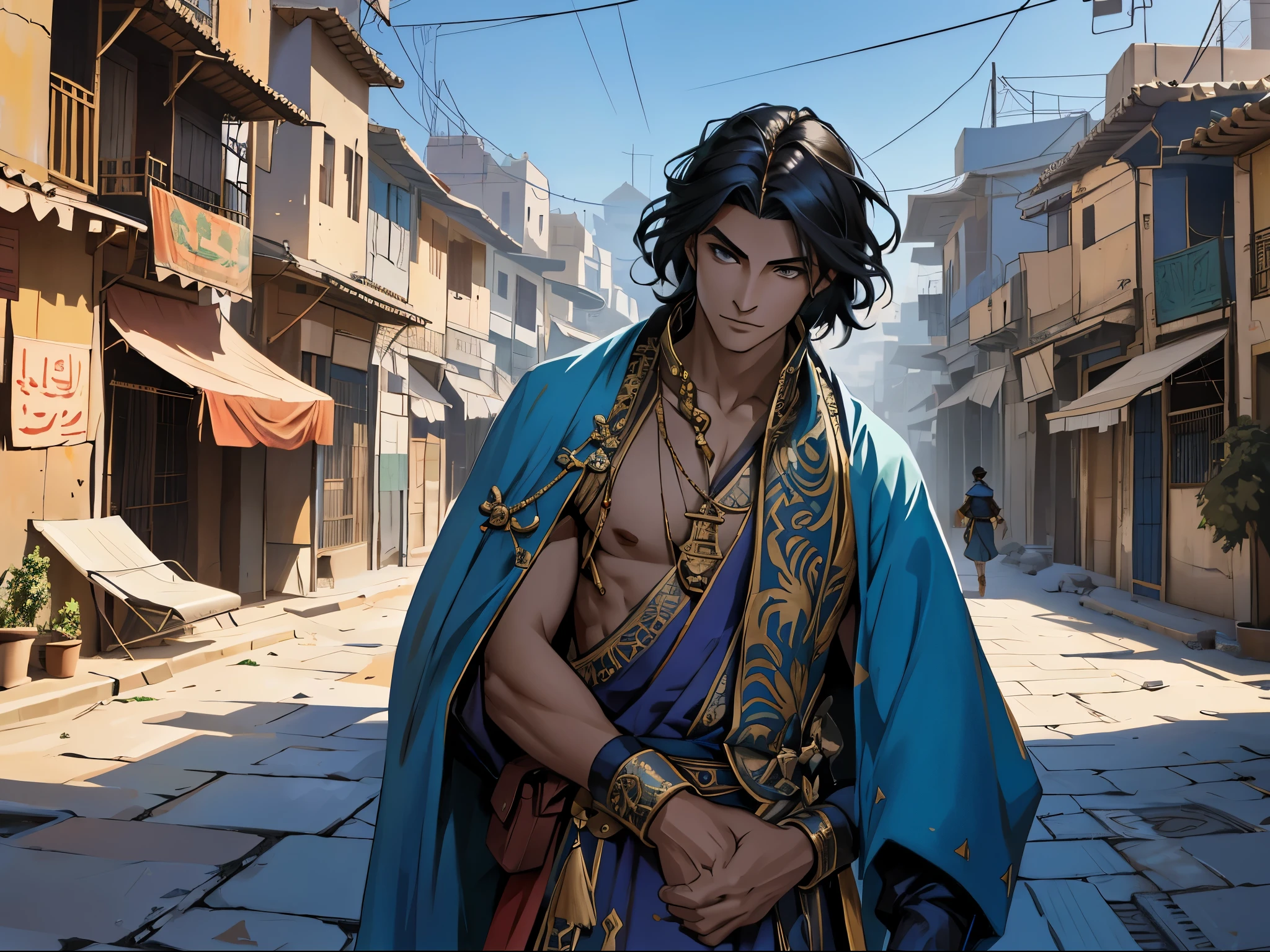 Hay un hombre esta corriendo tranquilamente por las calles del cairo moderno , in a blue robe standing on a street., handsome prince of persia, chico guapo en el arte de Demon Slayer, casimir art, kaladin bendecido por la tormenta, graphic artist Magali Villeneuve, zhongli del impacto genshin, critical role caleb, 2. 5 d cgi anime fantasy artwork, inspirado en kris de deltarrune,