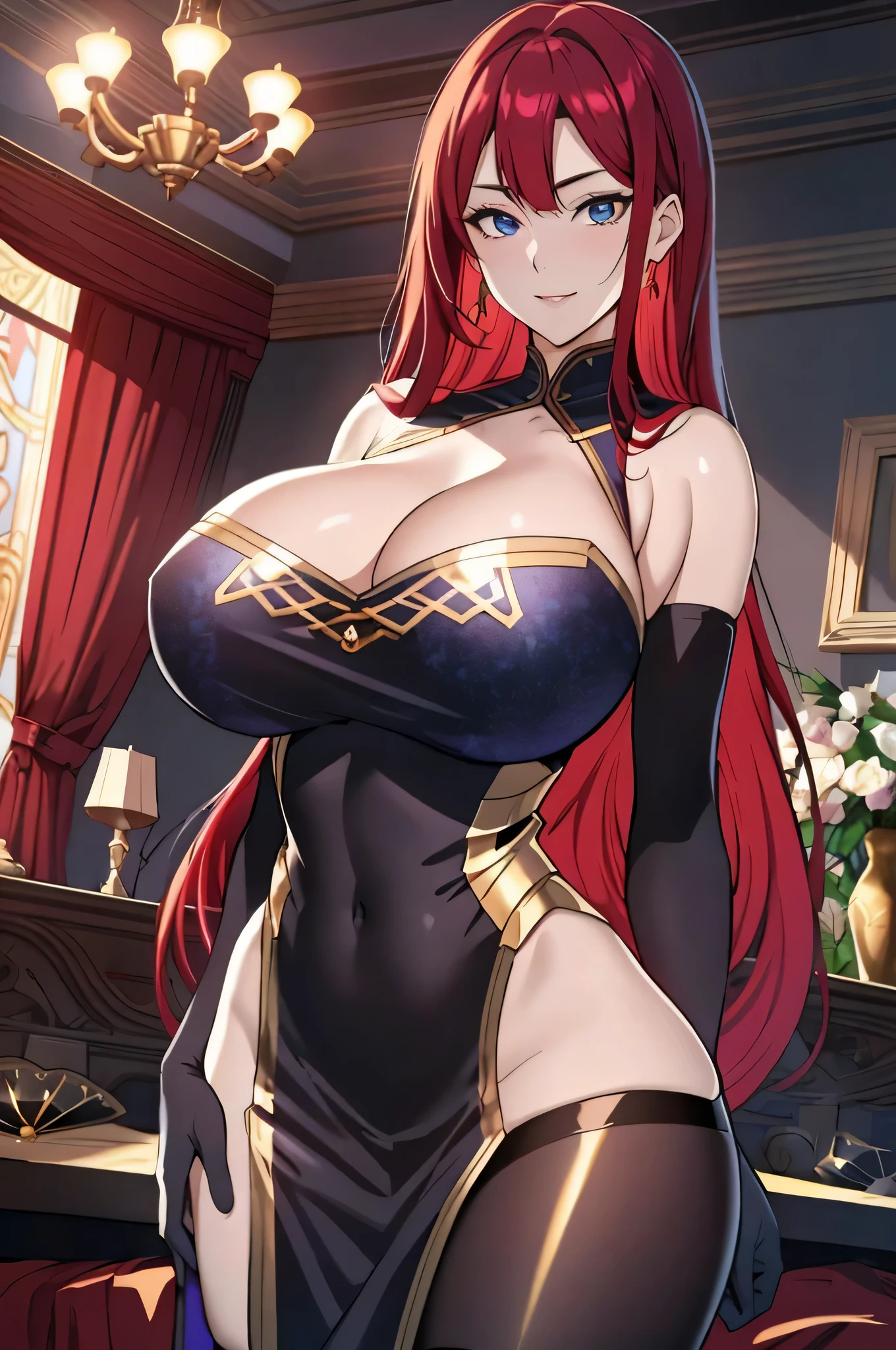 Lian, red hair, hair stick, bangs, blue eyes, solo, smiling, standing, upper body, hips, bare shoulders,purple thighhighs, black dress, gold jewelry,armor,gloves,circlet, cleavage, red and gold royal castle, gigantic breasts, (best quality, masterpiece, beautiful and aesthetic:1.2, highest detailed face, perfect face,) eyes, perfect face,expressive eyes,
looking at viewer, in the center of the image,(Upper_body),(Focus on her face),
official art,extremely detailed CG unity 8k wallpaper, perfect lighting,Colorful, Bright_Front_face_Lighting,shiny skin,
(masterpiece:1.0),(best_quality:1.0), ultra high res,4K,ultra-detailed