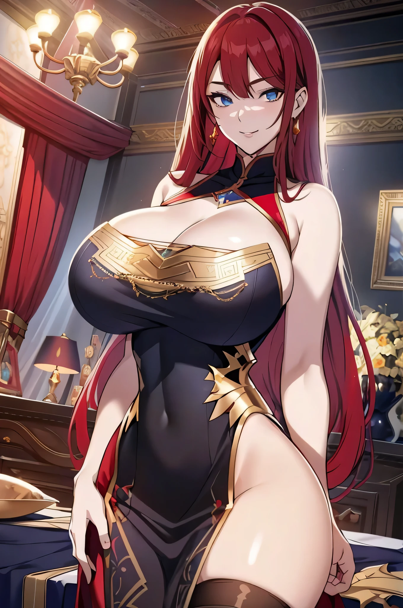 Lian, red hair, hair stick, bangs, blue eyes, solo, smiling, standing, upper body, hips, bare shoulders,purple thighhighs, black dress, gold jewelry,armor,gloves,circlet, cleavage, red and gold royal castle, gigantic breasts, (best quality, masterpiece, beautiful and aesthetic:1.2, highest detailed face, perfect face,)  eyes, perfect face,expressive eyes,
looking at viewer, in the center of the image,(Upper_body),(Focus on her face),
official art,extremely detailed CG unity 8k wallpaper, perfect lighting,Colorful, Bright_Front_face_Lighting,shiny skin, 
(masterpiece:1.0),(best_quality:1.0), ultra high res,4K,ultra-detailed
