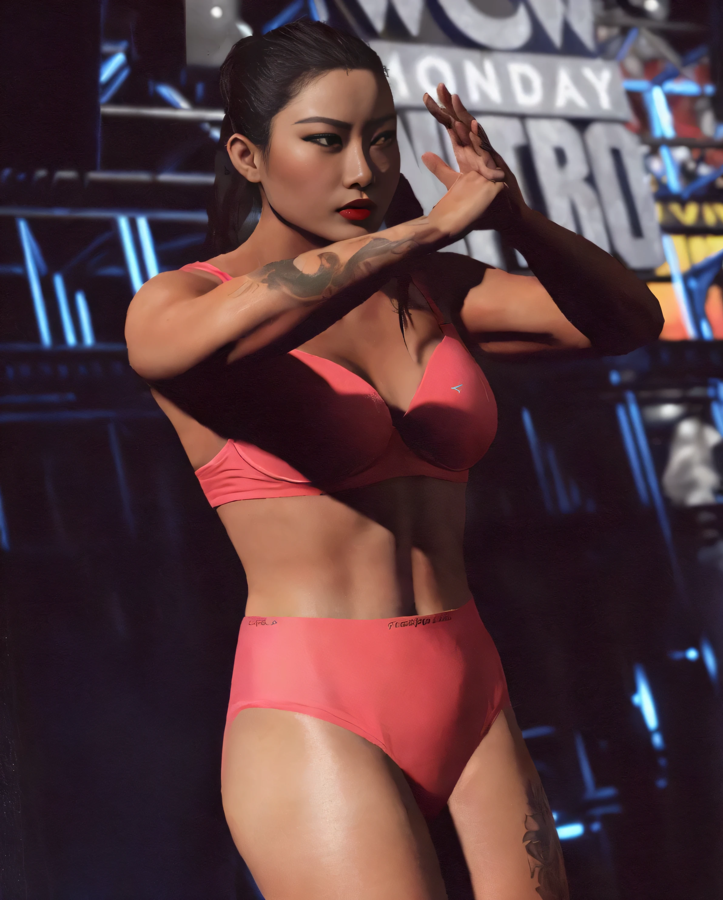 ((masterpiece, best quality)), ((29 year old)), (((Curvy))), (Chinese woman with black ponytail), red bra, (((red high cut cotton panties))), ((standing on stage at a wrestling event)), ((performing a martial arts pose)), ((red lipstick)), (((realistic art style)))
