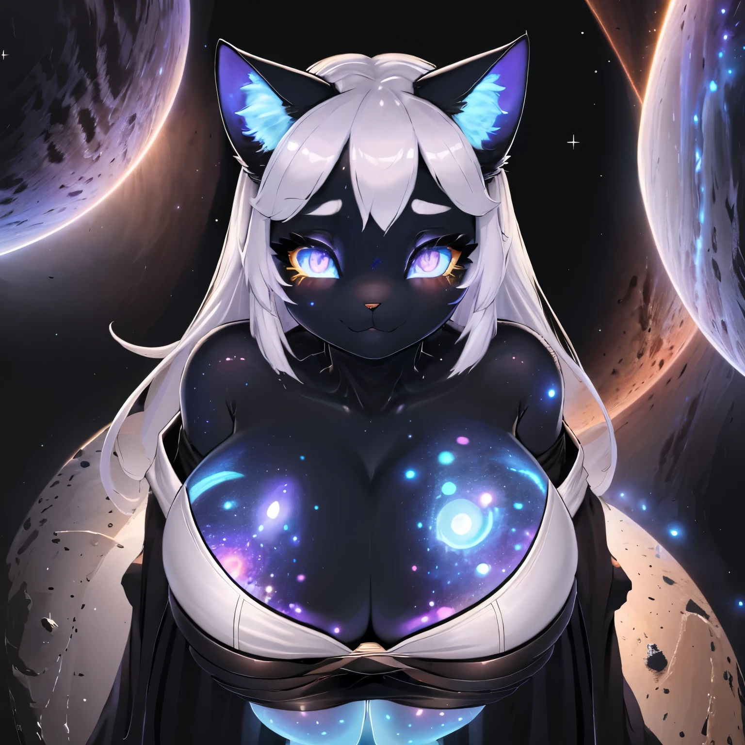 best quality, highest quality, masterpiece, high resolution,  clean picture, smooth picture, high details, symmetrical, 
view from above, from above,
transparent skin, cosmic skin, star skin, glowing skin, glowing eyes, 
1girl, cat girl, cat ears,anthro, furry, bodyfur, robe,
big breasts, white hair,
galaxy girl,  