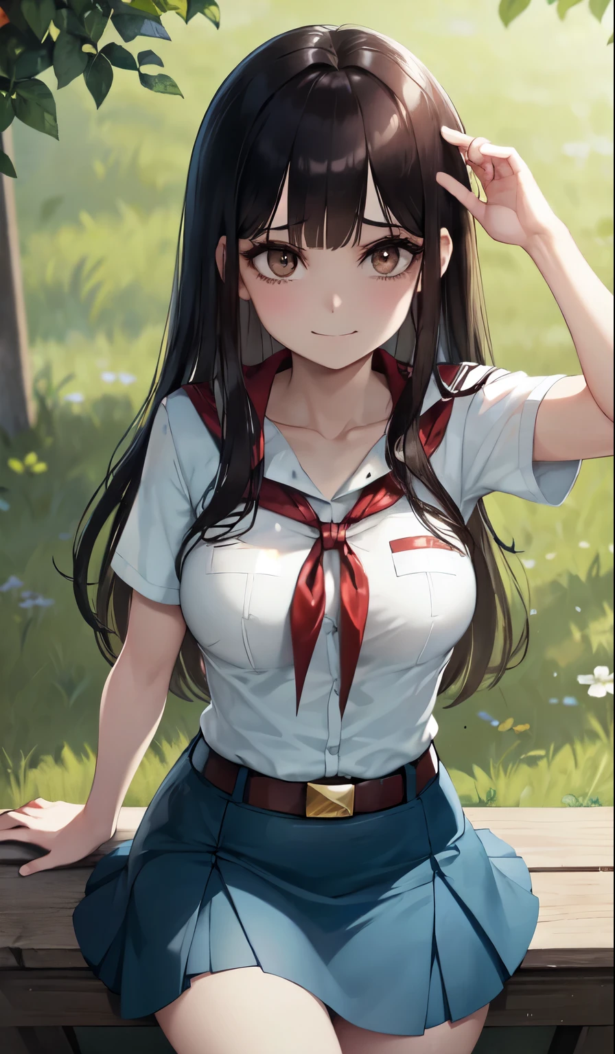 pioneer neckerchief, very short blue skirt, bangs, collarbone, tight white shirt, bursting breast, short sleeves, collared shirt, belt, red neckerchief, full height, sashagrey, very long disheveled dark brown hair, big brown eyes, sluty smile, perfect medium breast, parororo