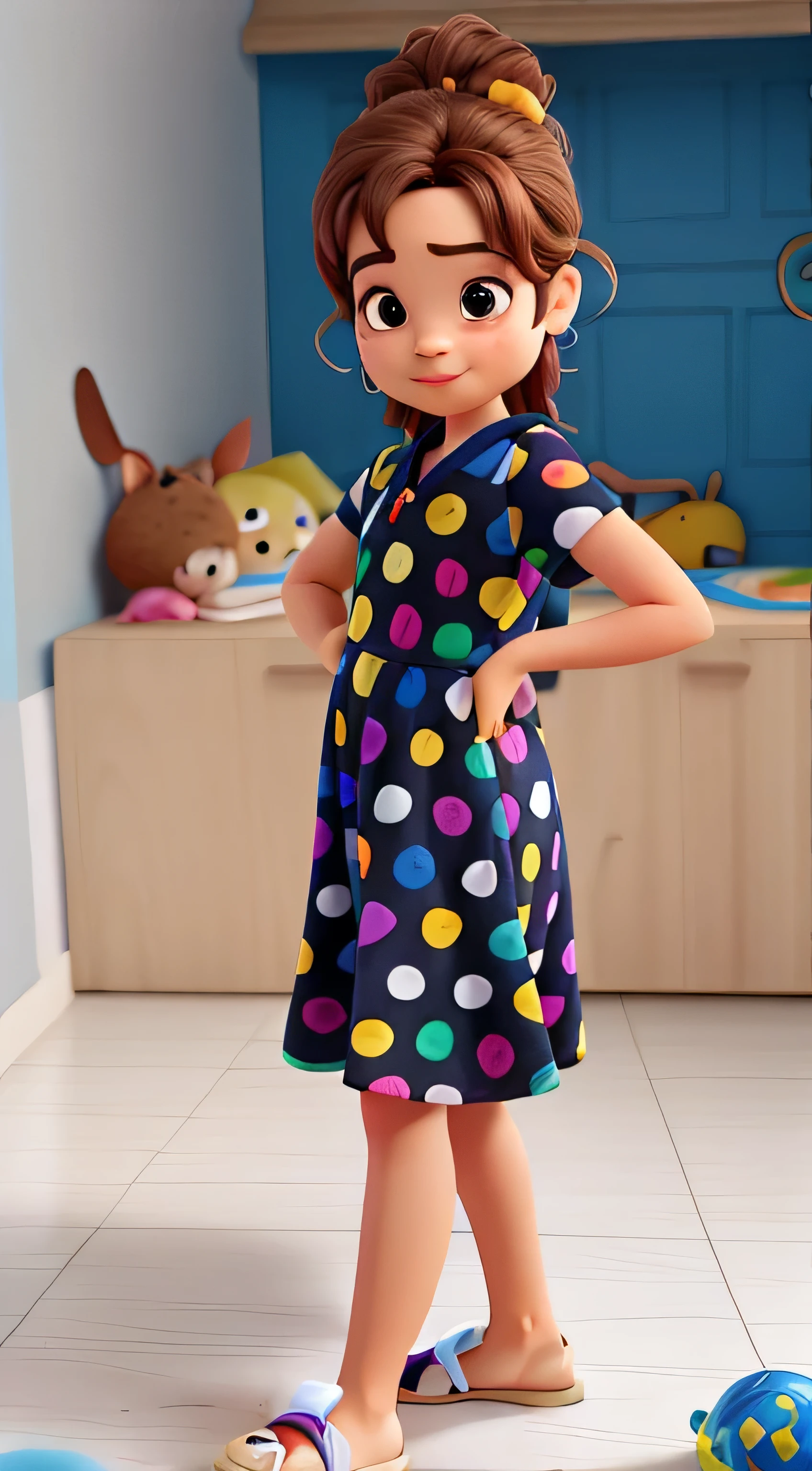 uma de 4 anos estilo disney pixar, fazendo pose para a foto. usando chinelo e um vestido de bolinhas coloridas.