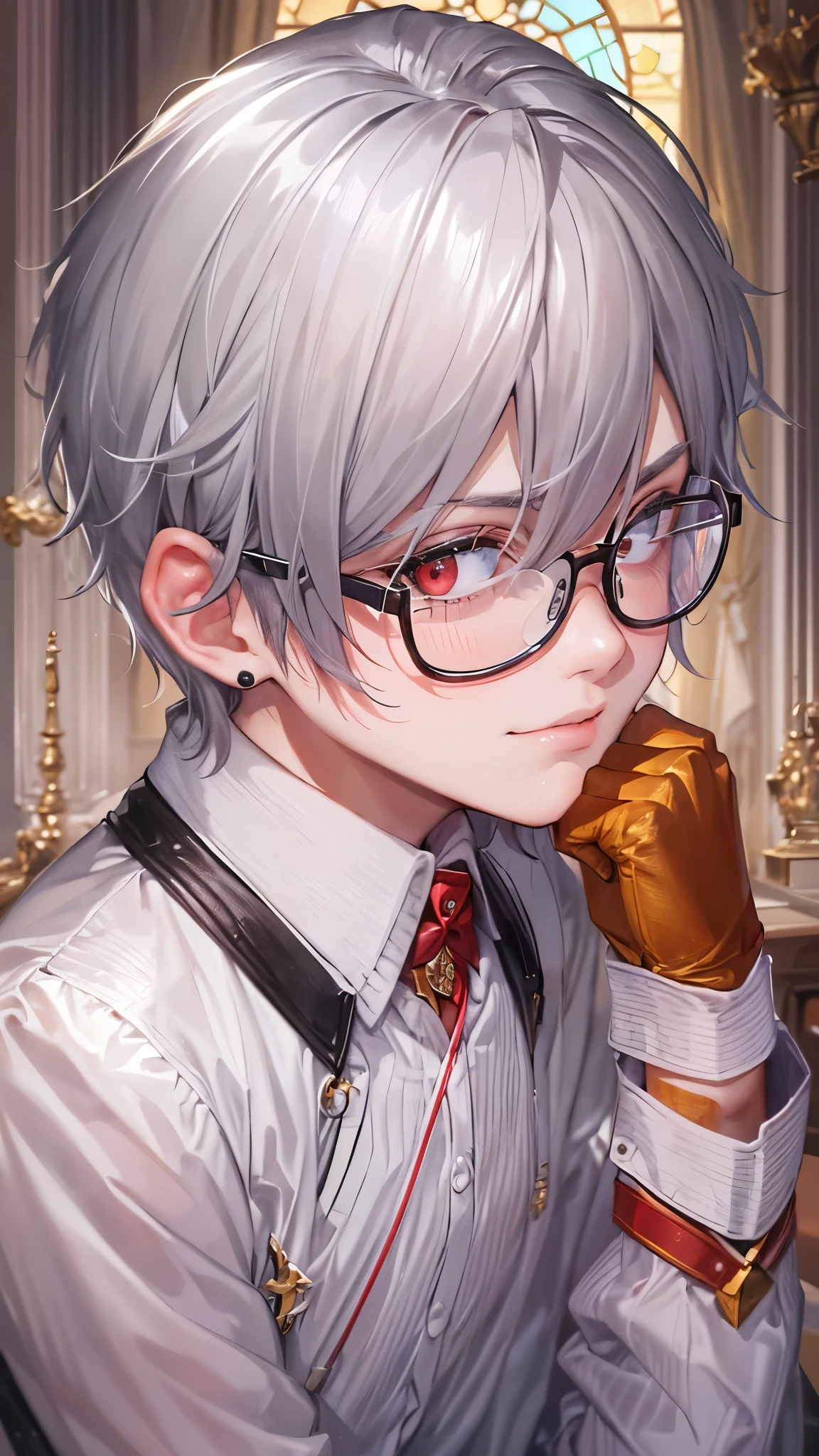 (arms crossed) teaching:1.3, ((close-up face)) (solo silver short hair divine boy, 15 yo, detailed red eyes, serious face, glasses), in a butler uniform, hand hold a pen, in the enchanted room, break, perfect anatomy, masterpiece:1.2, best quality, 8k, beautiful detailed grow, daydreaming expression.