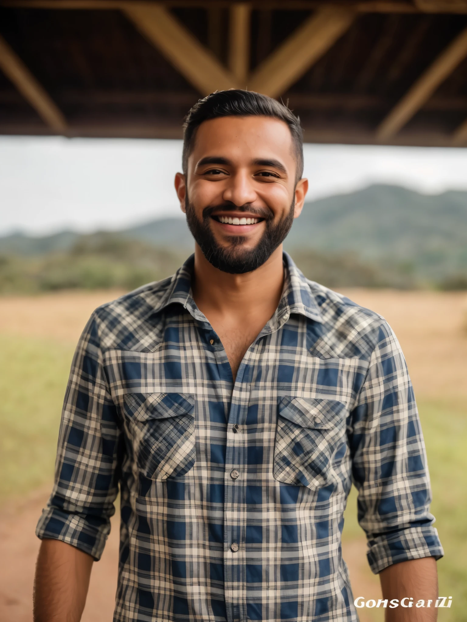 homem com barba e camisa xadrez sorrindo, homem sorridente, portrait of Danny González, imagem de perfil, homem 30 anos, homem de pele morena com um sorriso, soft lighting, ( pele altamente detalhada:0.7),(film grain:1.3), 8k hd, dslr, soft lighting, alta qualidade, HDRI, Fujifilm XT3