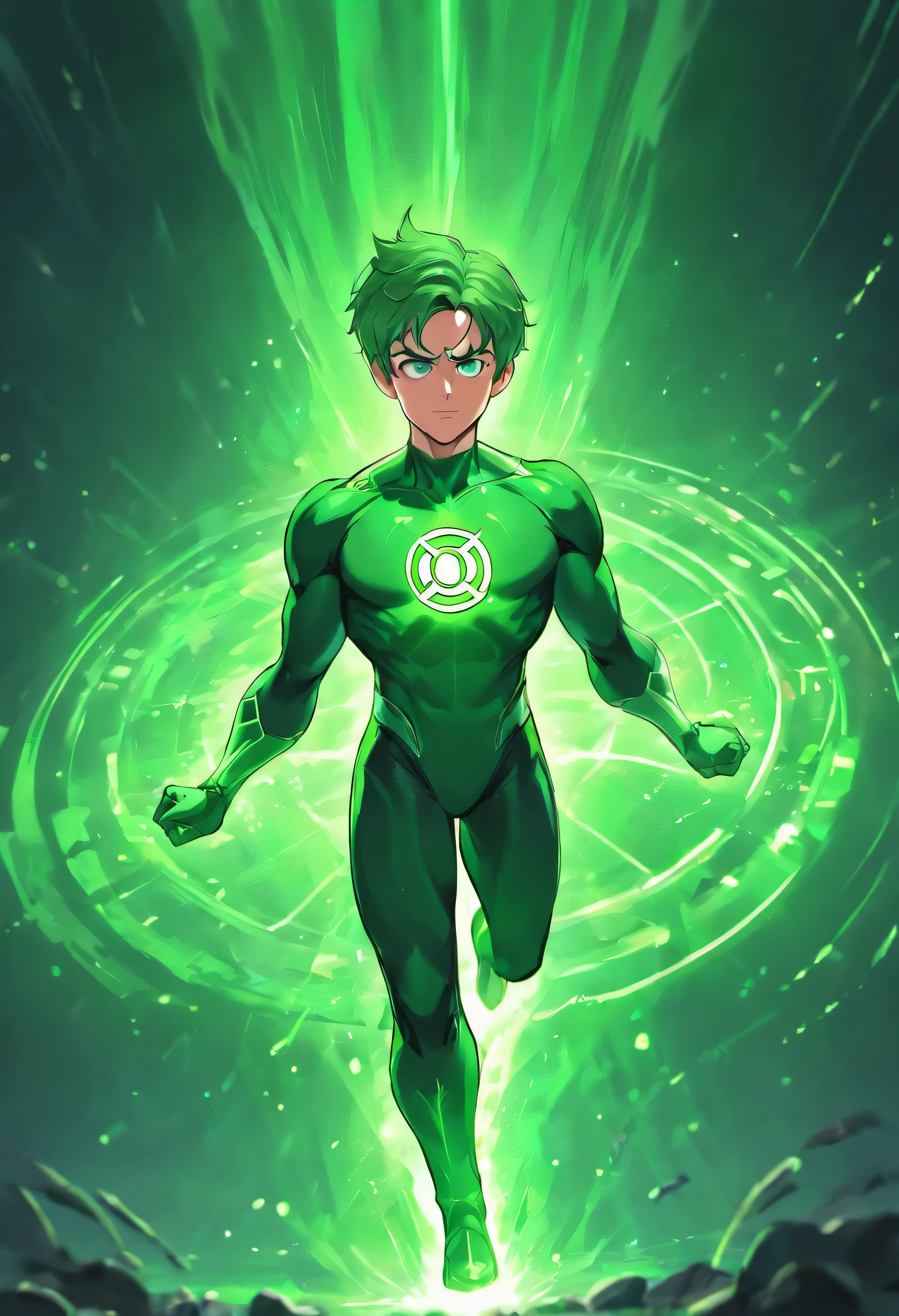 Green Lantern in action, 1boy, mcu, best entrence pose, ultra detail, 8k, photo-realistic, octane render, unreal engine, ultra-realistic
