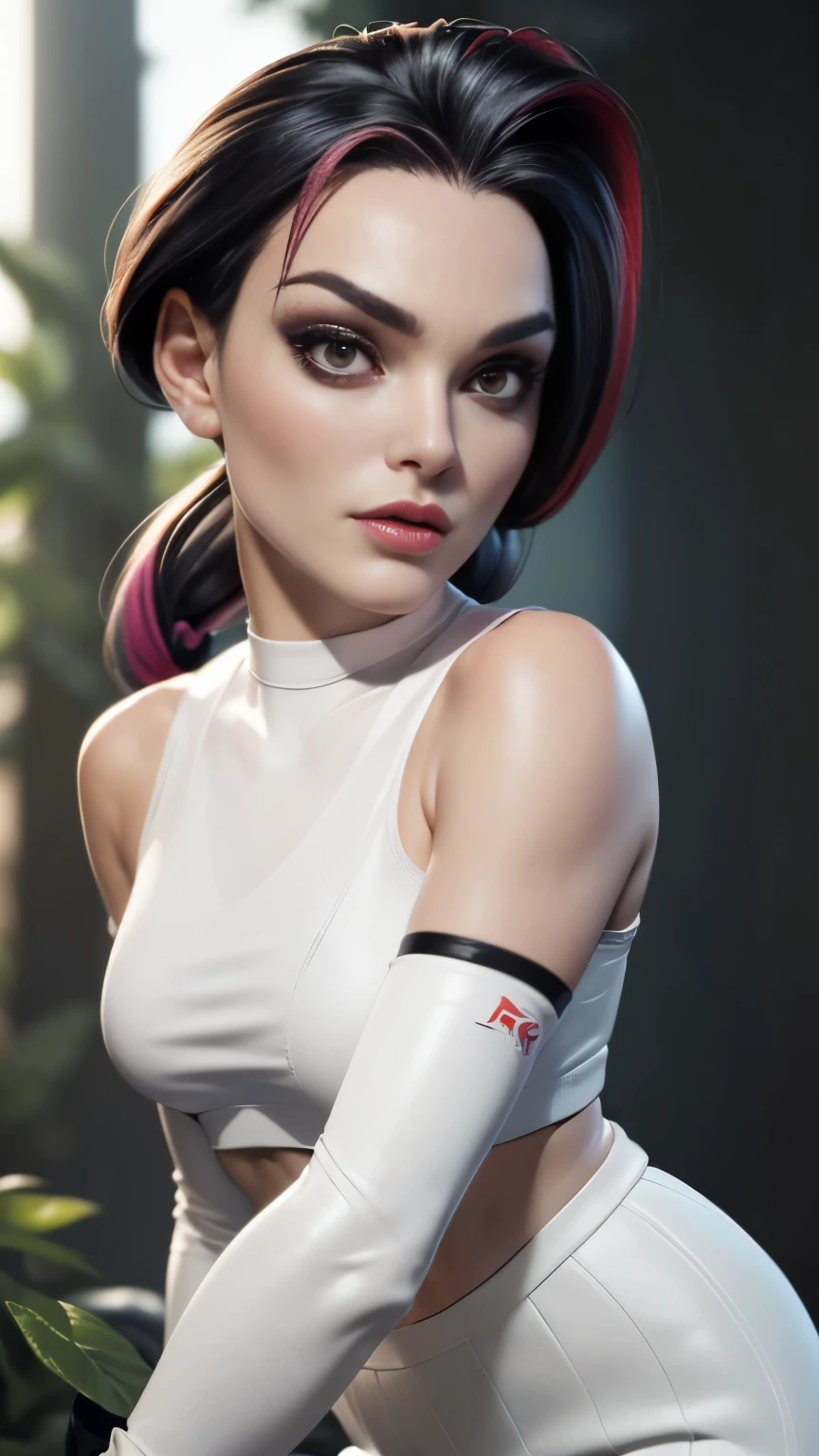 photo of celebrity, RAW, beautiful woman, ((portrait)), ((detailed face, colorful rainbow hair:1.2)), ((detailed facial feature, detailed skin, clear skin, parted lips), (perfect proportioned body, medium breasts), ((wearing glossy lips ,Team Rocket,Team Rocket uniform, red letter R, white skirt,white crop top,black thigh high boots, black elbow gloves: 1.5)), (high detailed dark forest: 1.3), (realistic photo, best quality, detailed), (8k wallpaper), (cinematic lighting, dramatic lighting) (sharp focus, intricate)