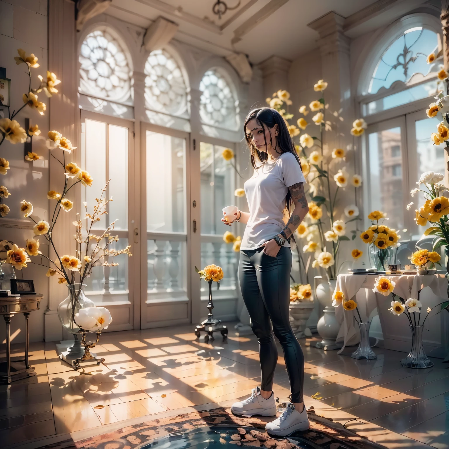 ((Masterpiece, Best quality:1.3), (ultra detail:1.3), 1 guy, Alone, (dark hair, shoulder-length, long hair), (on a strong body, dark stylish T-shirt, strong arms, bracelets, and tattoo, wearing tight dark pants), (rock star)). ((Calm look, relaxed pose, holds a lily flower in his hand.) (Stands at full height). (Modern interior, art deco, studio room, many flowers - lilieodern style, high ceilings)) . Best quality, (SURREALISM: 1.3)). (real flowers decorate the interior in simple glass vases on the floor), (the flowers are stunning looking). ((masterpiece: 1.2), (realism: 1.2), (Best quality), (special attention to details of the face, figure, colors, room elements: 1.3)). (Open window, exquisite design, mostly in light colors: white, blue, yellow, gold). (High light ceiling).((Realistic 3D visualization, super detail, ray tracing, flooded sunlight, contrasting shadows - cool tones, warm soft light)). Modern style (modern), (High-Tech), (surrealism: 1.3), Excellent, high quality. Hand-drawn realism.