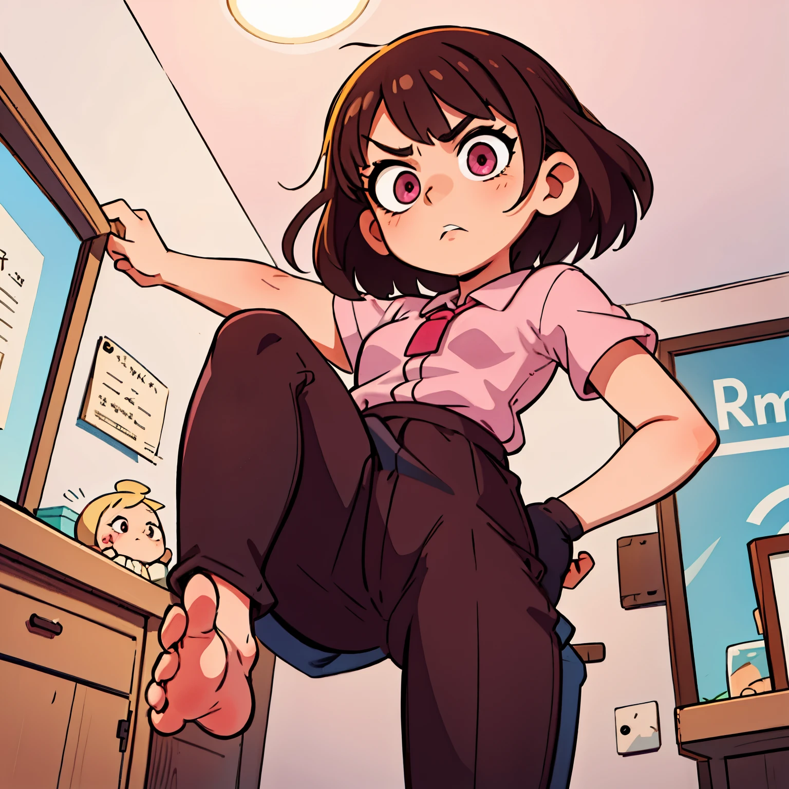 small girl, brown hair, short hair, pink eyes, disgusted expression, FFA, from below, leg up, sole, feet, looking at viewer, best quality, masterpiece