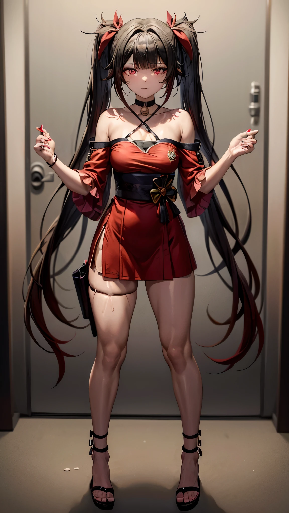 Type: Digital Art Style: Anime Style Color: Predominantly red with black and white contrasts, Eye color: Bright crimson red, with luminous reflections. Hair color Black with red highlights, Hairstyle: Long with twintails, adorned with traditional red and gold hair ornamentischievous and playful smile with a touch of mischief))), muscular and sadistic legs, (((scene of beach))), Standing, (full body photo), well-groomed nails, red nails, {{{wearing a very short and sexy bikini}}}, hdr