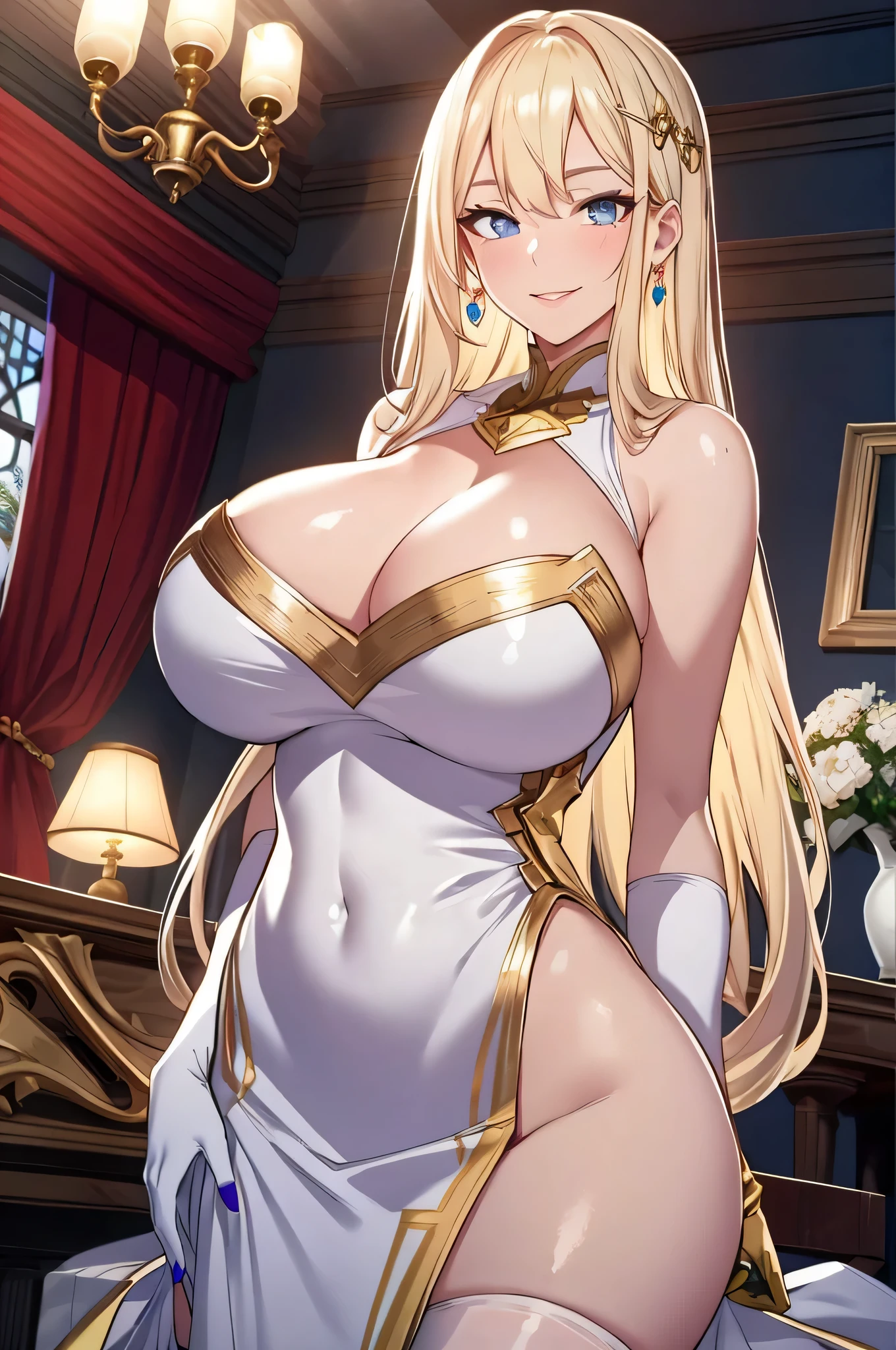 Lian, long blond hair, hair stick, bangs, blue eyes, solo, smiling, standing, upper body, hips, bare shoulders,purple thighhighs, white dress, gold jewelry,armor,gloves,circlet, cleavage, red and gold royal castle, gigantic breasts, (best quality, masterpiece, beautiful and aesthetic:1.2, highest detailed face, perfect face,)  eyes, perfect face,expressive eyes,
looking at viewer, in the center of the image,(Upper_body),(Focus on her face),
official art,extremely detailed CG unity 8k wallpaper, perfect lighting,Colorful, Bright_Front_face_Lighting,shiny skin, 
(masterpiece:1.0),(best_quality:1.0), ultra high res,4K,ultra-detailed
