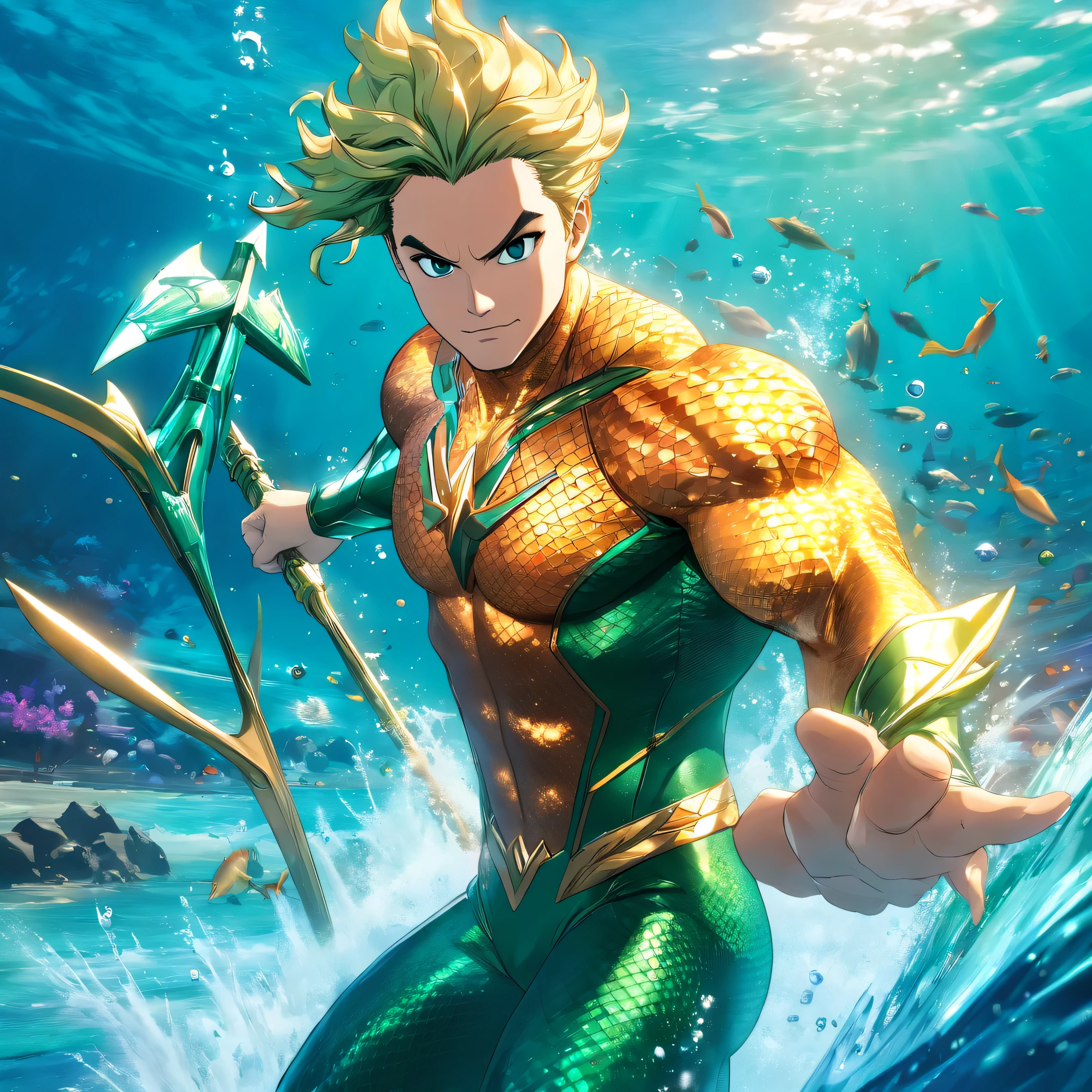 Aquaman in action, 1boy, mcu, best entrence pose, ultra detail, 8k, photo-realistic, octane render, unreal engine, ultra-realistic