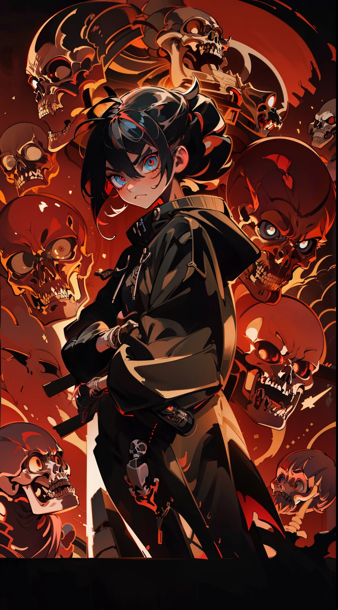 evil skeleton, necromancer, black clothing, closed black hoodie, red details, abasterpiece)), ((best quality)), ultra detailed,((illustration)), dynamic angle, detailed light, (delicate eyes), (ahoge:0.8),apathy, ray,frontage,style of anime4 k, 4k anime wallpaper, badass anime 8 k, 4 k comic wallpaper