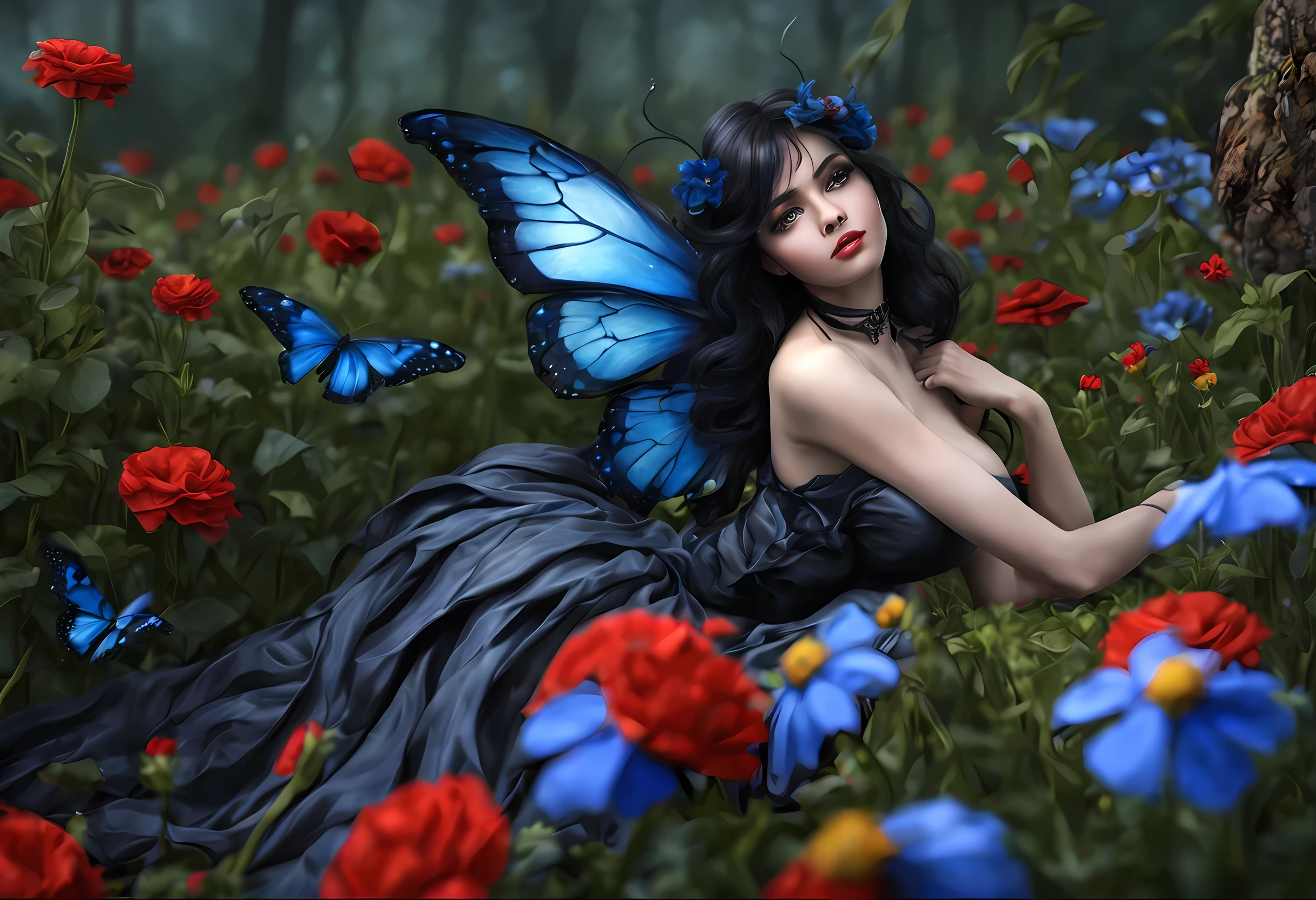 high details, best quality, 16k, RAW, [best detailed], masterpiece, best quality, (extremely detailed), full body, ultra wide shot, photorealistic, dark fantasy art, goth art, RPG art, D&D art, a picture of a dark female fairy resting in a flower meadow, extremely beautiful fairy, ultra feminine (intense details, Masterpiece, best quality), best detailed face (intense details, Masterpiece, best quality), having wide butterfly wings, spread butterfly wings (intense details, Masterpiece, best quality), dark colors wings (intense details, Masterpiece, best quality), black hair, long hair, shinning hair, flowing hair, shy smile, innocent smile, blue eyes, dark red lips, wearing [red] dress latex corset (intense details, Masterpiece, best quality), dynamic elegant shirt, chocker, wearing high heels, in dark colored flower meadow (intense details, Masterpiece, best quality), (red flowers: 1.2) , (black flowers: 1.2), (white flowers: 1.2), (blue flowers: 1.3) [extreme many flowers] (intense details, Masterpiece, best quality), dark colorful flowers (intense details, Masterpiece, best quality), flower meadow in a dark goth field background, dim light, cinematic light, High Detail, Ultra High Quality, High Resolution, 16K Resolution, Ultra HD Pictures, 3D rendering Ultra Realistic, Clear Details, Realistic Detail, Ultra High Definition