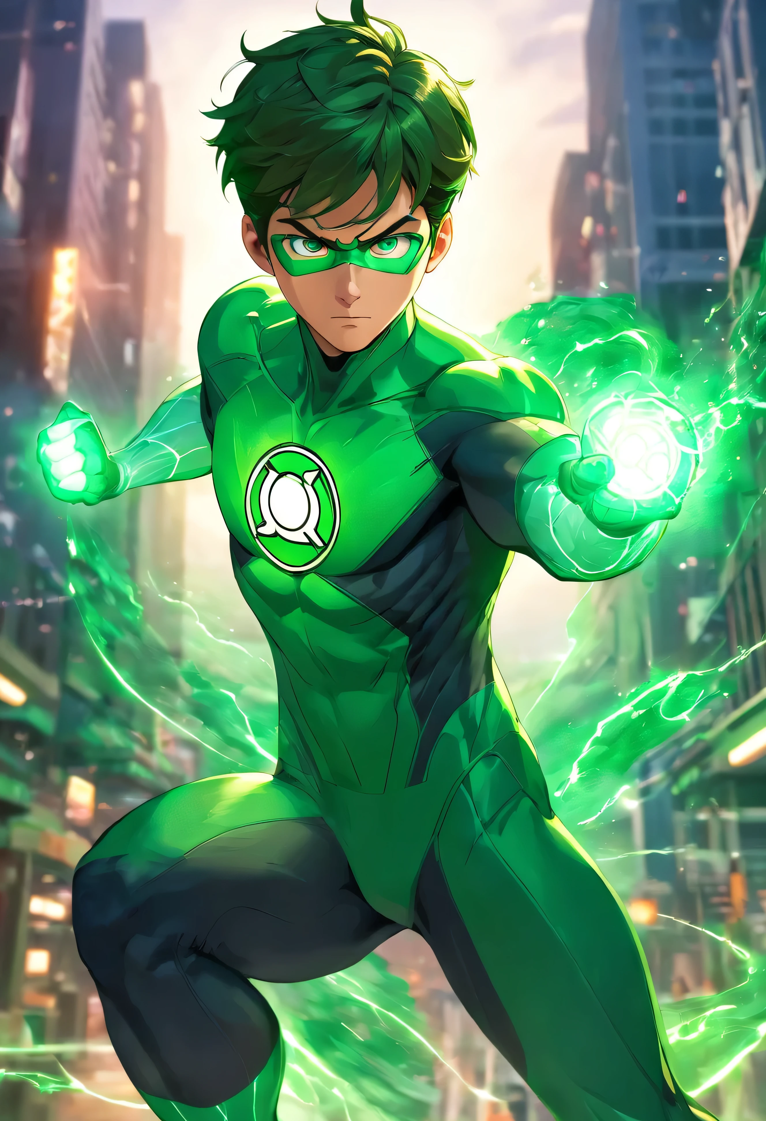 Green Lantern in action, 1boy, mcu, best entrence pose, ultra detail, 8k, photo-realistic, octane render, unreal engine, ultra-realistic