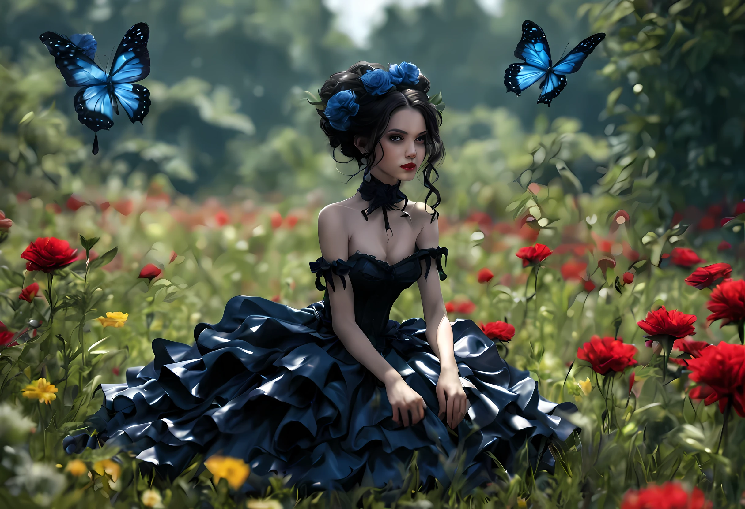 high details, best quality, 16k, RAW, [best detailed], masterpiece, best quality, (extremely detailed), full body, ultra wide shot, photorealistic, dark fantasy art, goth art, RPG art, D&D art, a picture of a dark female fairy resting in a flower meadow, extremely beautiful fairy, ultra feminine (intense details, Masterpiece, best quality), best detailed face (intense details, Masterpiece, best quality), having wide butterfly wings, spread butterfly wings (intense details, Masterpiece, best quality), dark colors wings (intense details, Masterpiece, best quality), black hair, long hair, shinning hair, flowing hair, shy smile, innocent smile, blue eyes, dark red lips, wearing [red] dress latex corset (intense details, Masterpiece, best quality), dynamic elegant shirt, chocker, wearing high heels, in dark colored flower meadow (intense details, Masterpiece, best quality), (red flowers: 1.2) , (black flowers: 1.2), (white flowers: 1.2), (blue flowers: 1.3) [extreme many flowers] (intense details, Masterpiece, best quality), dark colorful flowers (intense details, Masterpiece, best quality), flower meadow in a dark goth field background, dim light, cinematic light, High Detail, Ultra High Quality, High Resolution, 16K Resolution, Ultra HD Pictures, 3D rendering Ultra Realistic, Clear Details, Realistic Detail, Ultra High Definition, DonMF41ryW1ng5XL