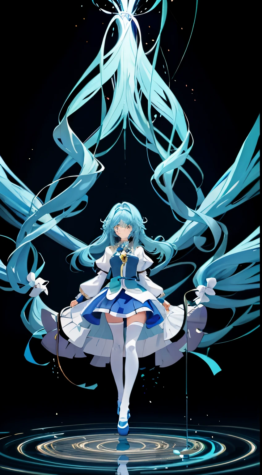 Masterpiece of exceptional quality, featuring a solo girl in an aqua Konosuba-inspired outfit with long, blue hair cascading down her back and striking blue eyes. She wears a pristine white shirt and a long lab coat, paired with a black office skirt and thigh-highs. The scene is rendered in high resolution with a depth of field effect, capturing the girl in a full-body shot as she stands bored in a laboratory setting, her hands tucked neatly into her pockets. The high quality of the artwork showcases meticulous attention to detail, from the lustrous sheen of her hair to the wrinkles in her lab coat. (full body image, laboratory setting,
