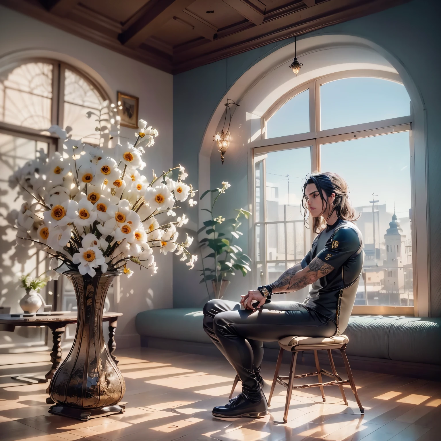 ((Masterpiece, Best quality:1.3), (ultra detail:1.3), 1 guy, Alone, (dark hair, shoulder-length, long hair), (on a strong body, dark stylish T-shirt, strong arms, bracelets, and tattoo, wearing tight dark pants), (rock star)). ((Calm look, relaxed pose, holds a lily flower in his hand.) (Stands at full height). (Modern interior, art deco, studio room, many flowers - lilieodern style, high ceilings)) . Best quality, (SURREALISM: 1.3)). (real flowers decorate the interior in simple glass vases on the floor), (the flowers are stunning looking). ((masterpiece: 1.2), (realism: 1.2), (Best quality), (special attention to details of the face, figure, colors, room elements: 1.3)). (Open window, exquisite design, mostly in light colors: white, blue, yellow, gold). (High light ceiling).((Realistic 3D visualization, super detail, ray tracing, flooded sunlight, contrasting shadows - cool tones, warm soft light)). Modern style (modern), (High-Tech), (surrealism: 1.3), Excellent, high quality. Hand-drawn realism.