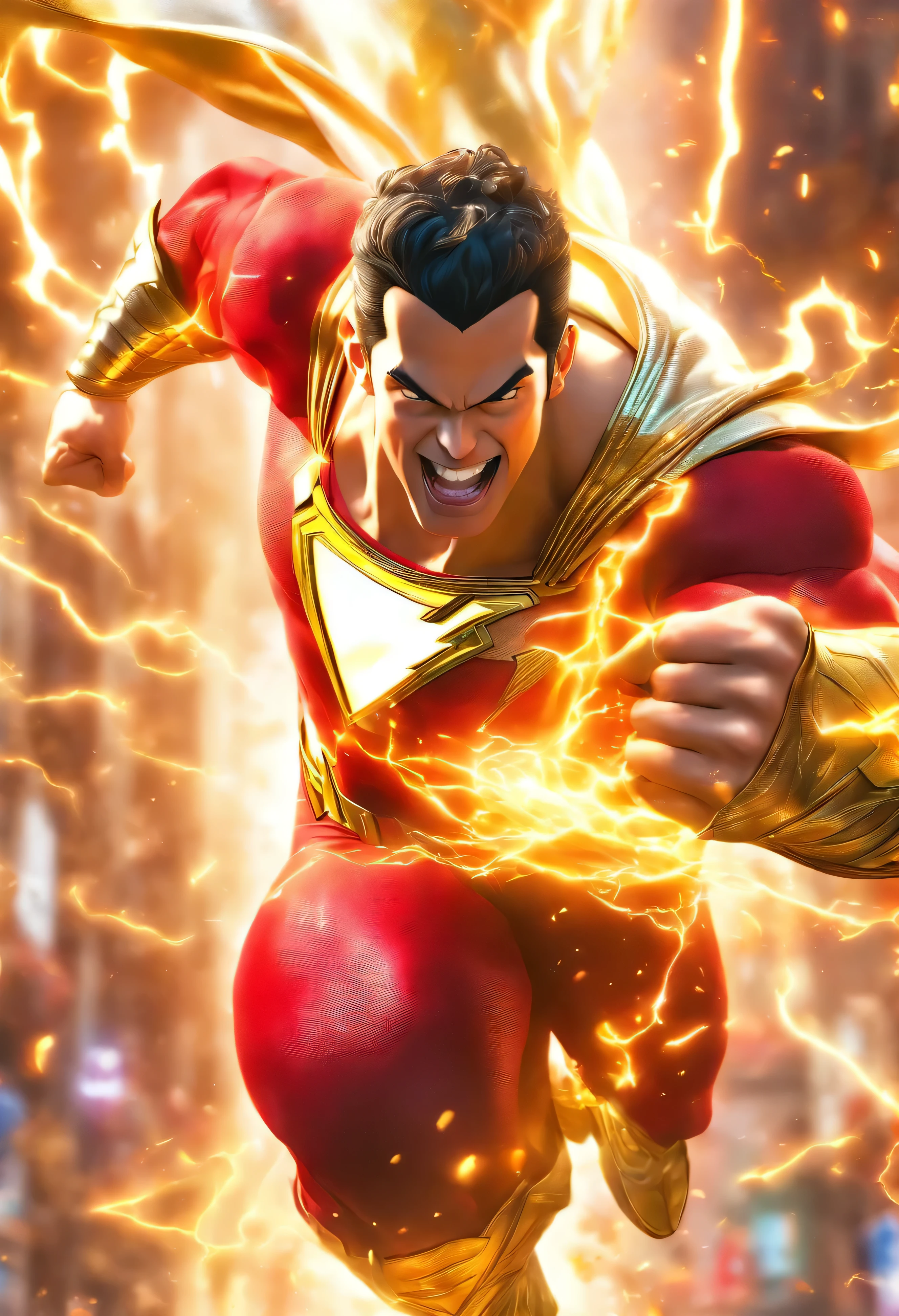 Shazam in action, 1boy, mcu, best entrence pose, ultra detail, 8k, photo-realistic, octane render, unreal engine, ultra-realistic