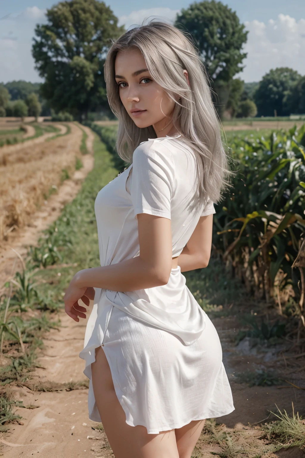 Beautiful woman with beautiful symmetrical and outlined facial features very white skin medium to large bust small waist large light gray eyes silver hair thin and thin face, muy sensual, vistiendo un vestido muy corto que muestra sus piernas y una blusa ajustada, walking towards an agricultural corn field. Hyperrealistic full body photograph seen from behind.