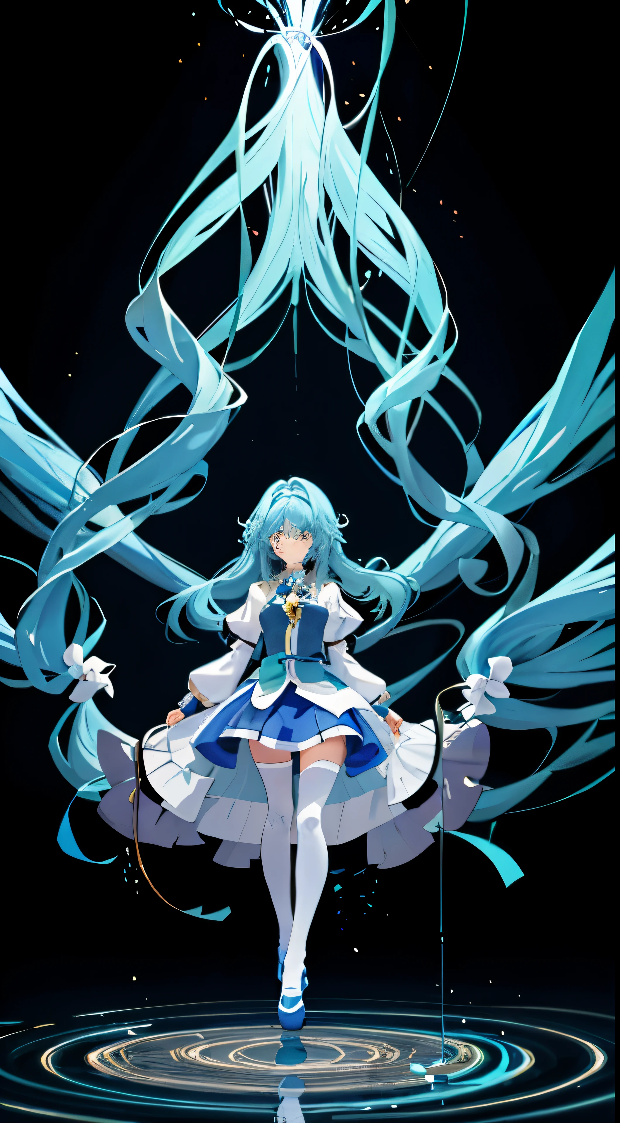 Masterpiece of exceptional quality, featuring a solo girl in an aqua Konosuba-inspired outfit with long, blue hair cascading down her back and striking blue eyes. She wears a pristine white shirt and a long lab coat, paired with a black office skirt and thigh-highs. The scene is rendered in high resolution with a depth of field effect, capturing the girl in a full-body shot as she stands bored in a laboratory setting, her hands tucked neatly into her pockets. The high quality of the artwork showcases meticulous attention to detail, from the lustrous sheen of her hair to the wrinkles in her lab coat. (full body image, laboratory setting,